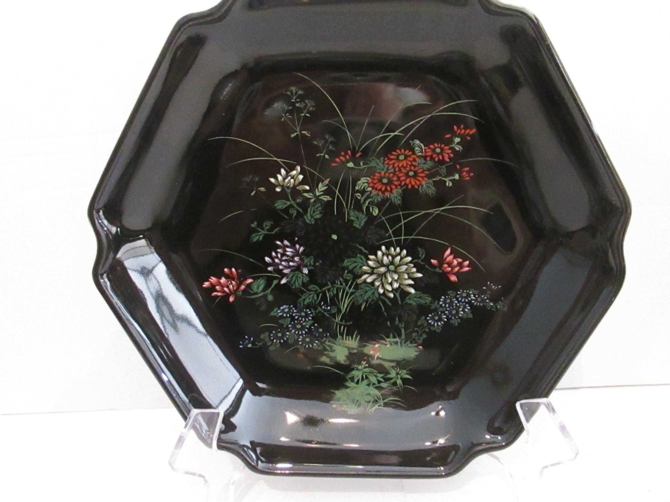 Vintage Black Hand Painted Oriental Dish