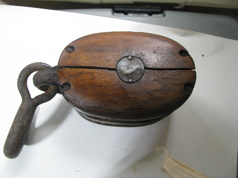 Antique Wooden Double Pulley Block and Tackle with Forged Iron Hook