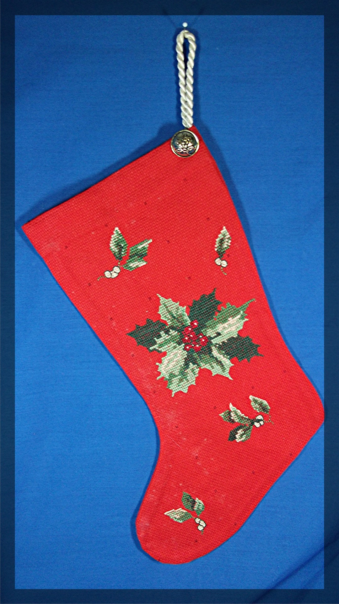 Christmas Stocking, hand made, Poinsettia, cross stitch