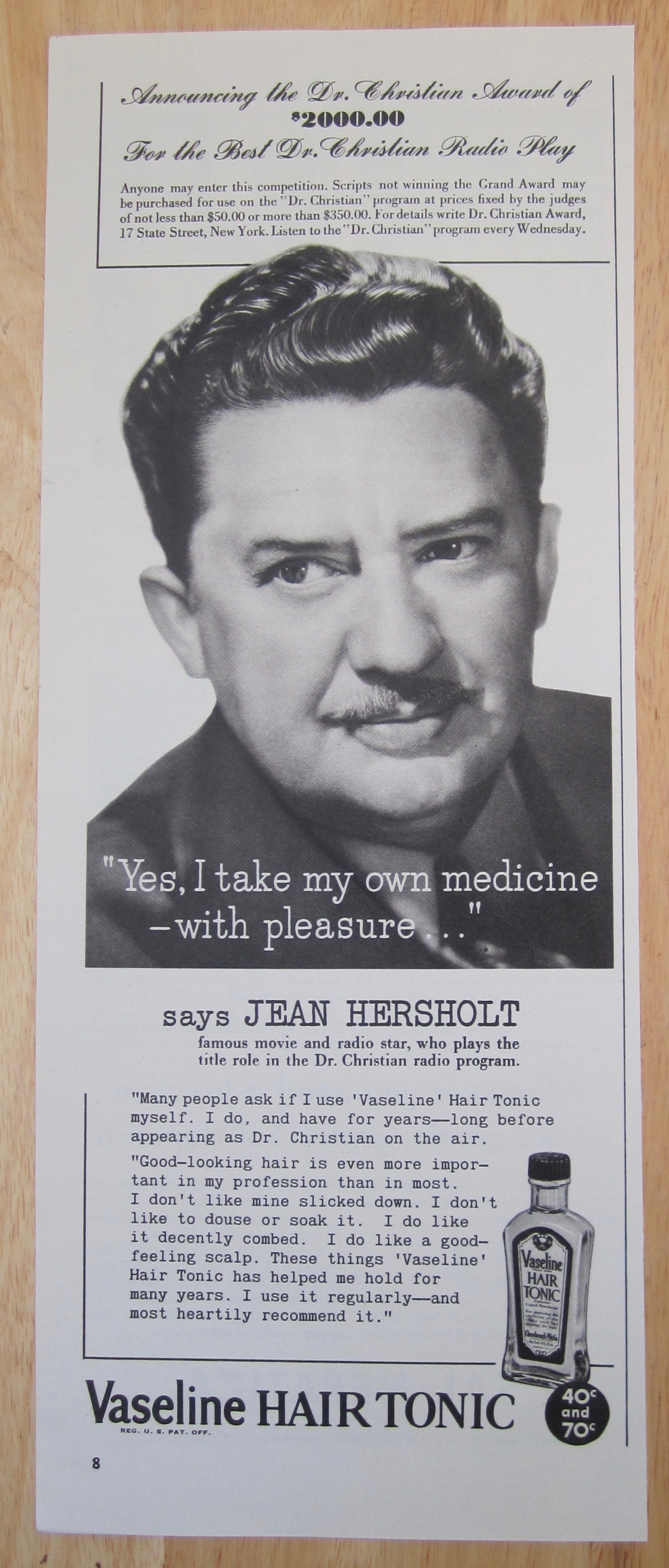 1942 Vaseline Hair Tonic with Jean Hersholt