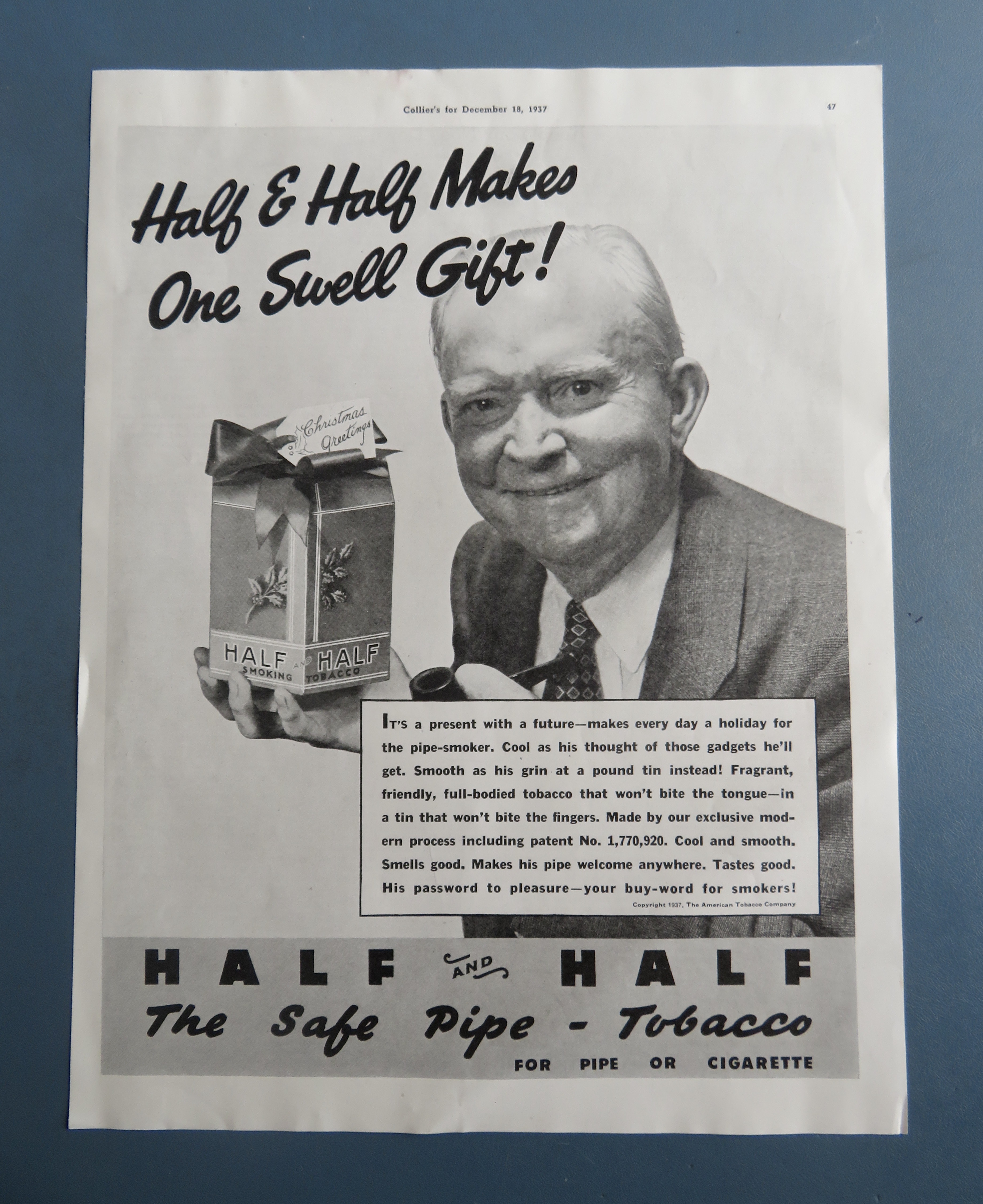 1937 Half & Half Pipe Tobacco with Man Holding Tin