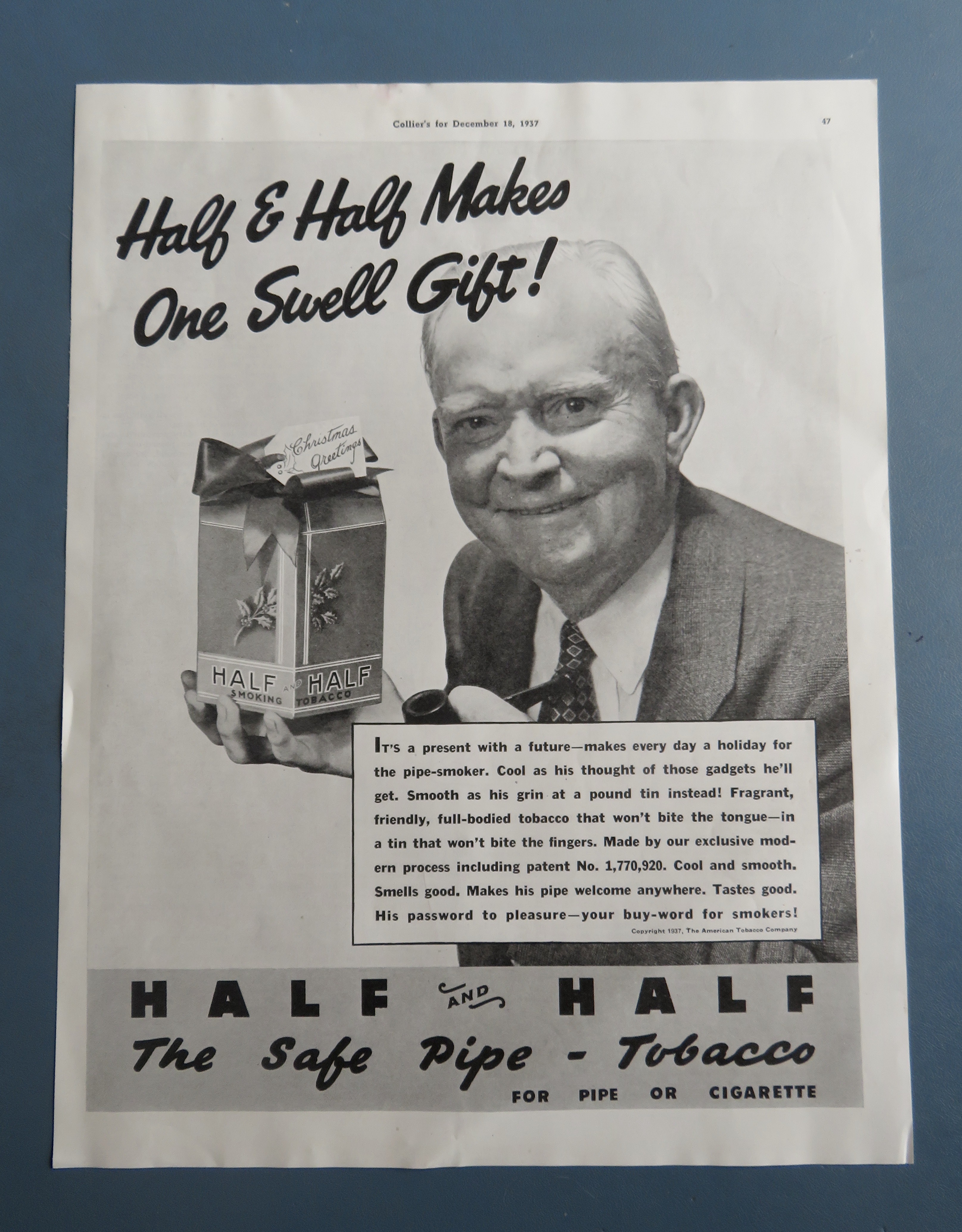 1937 Half & Half Pipe Tobacco with Man Holding Tin