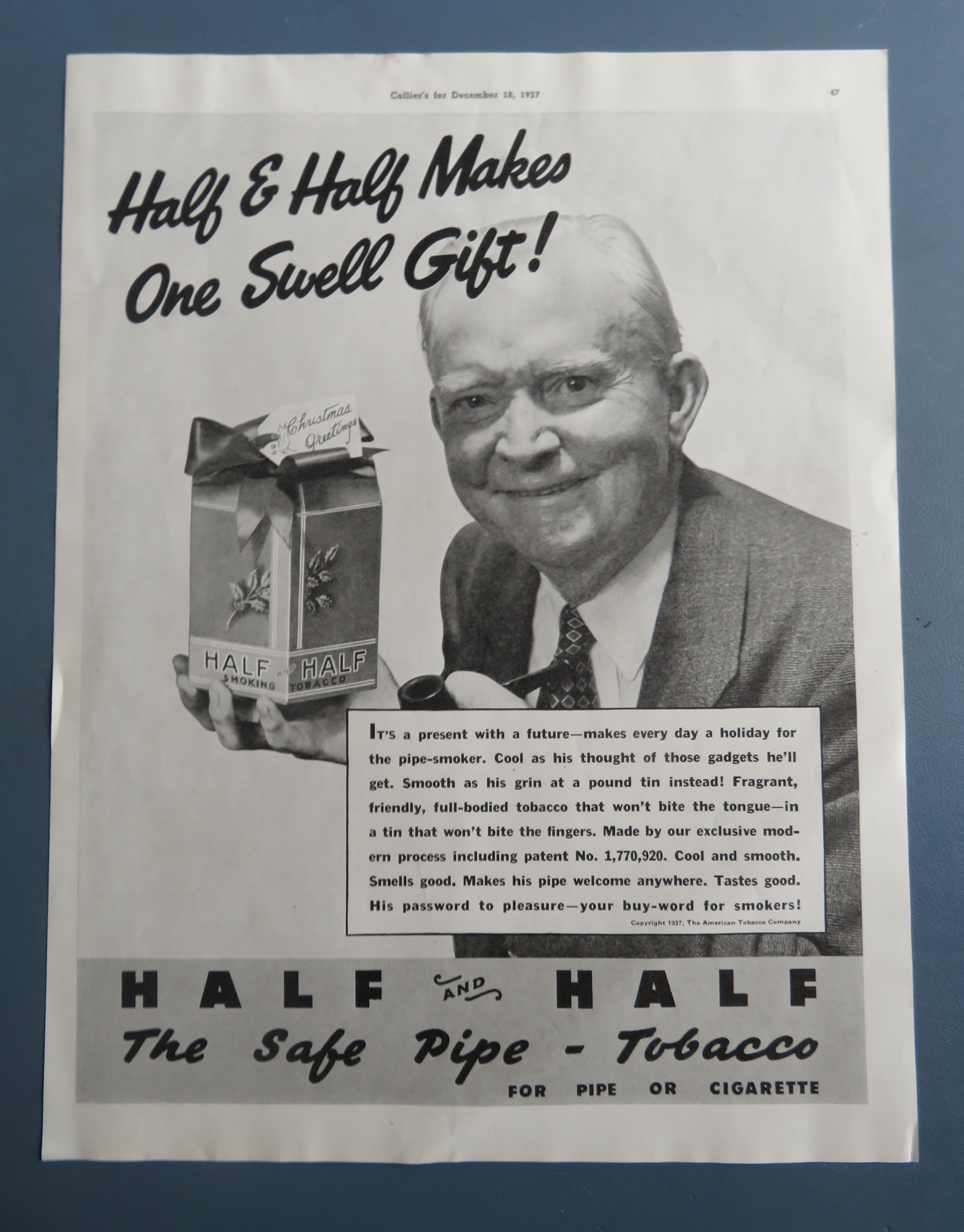 1937 Half & Half Pipe Tobacco with Man Holding Tin