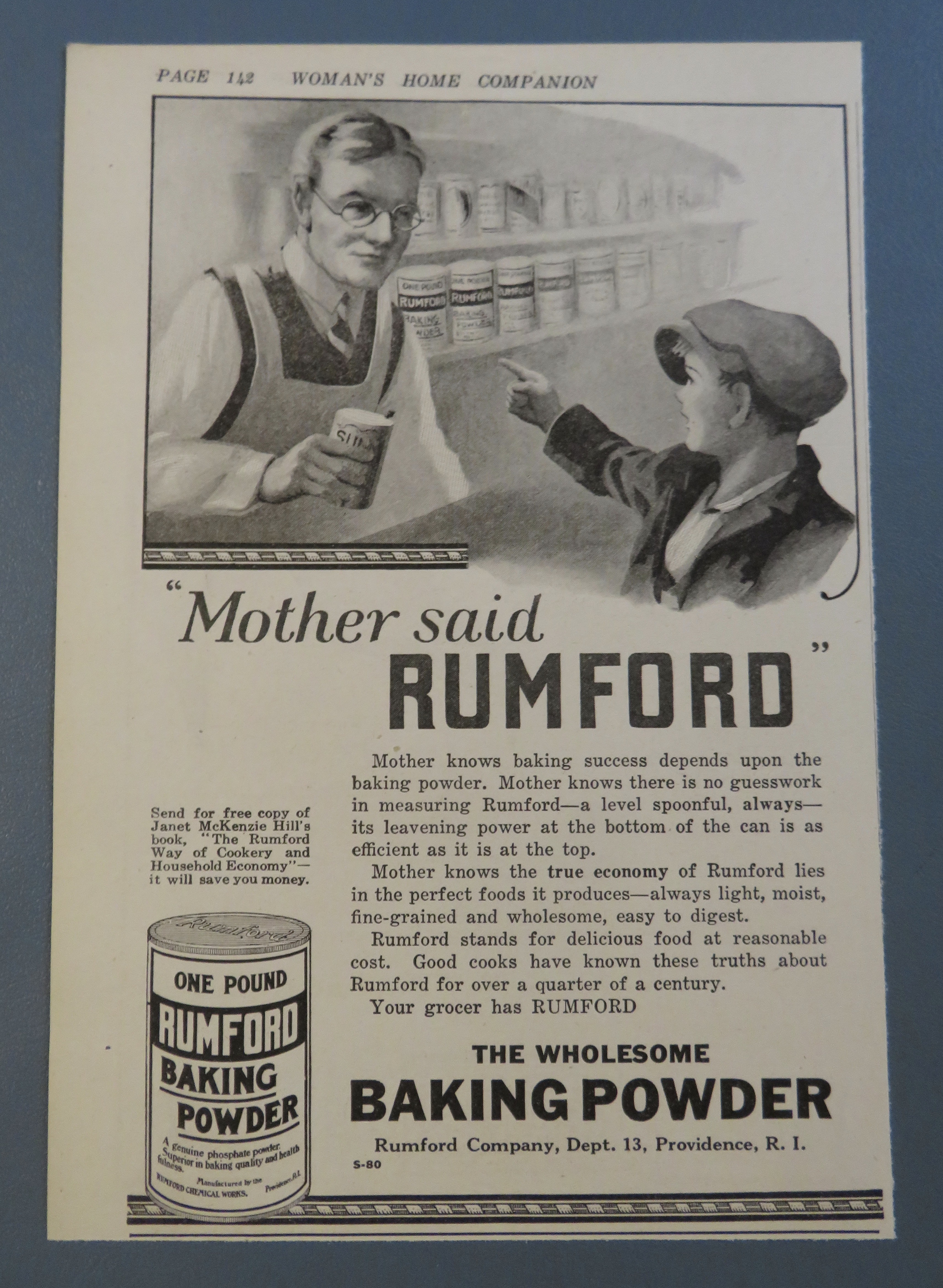 1920 Rumford Baking Powder with Boy Buying Powder