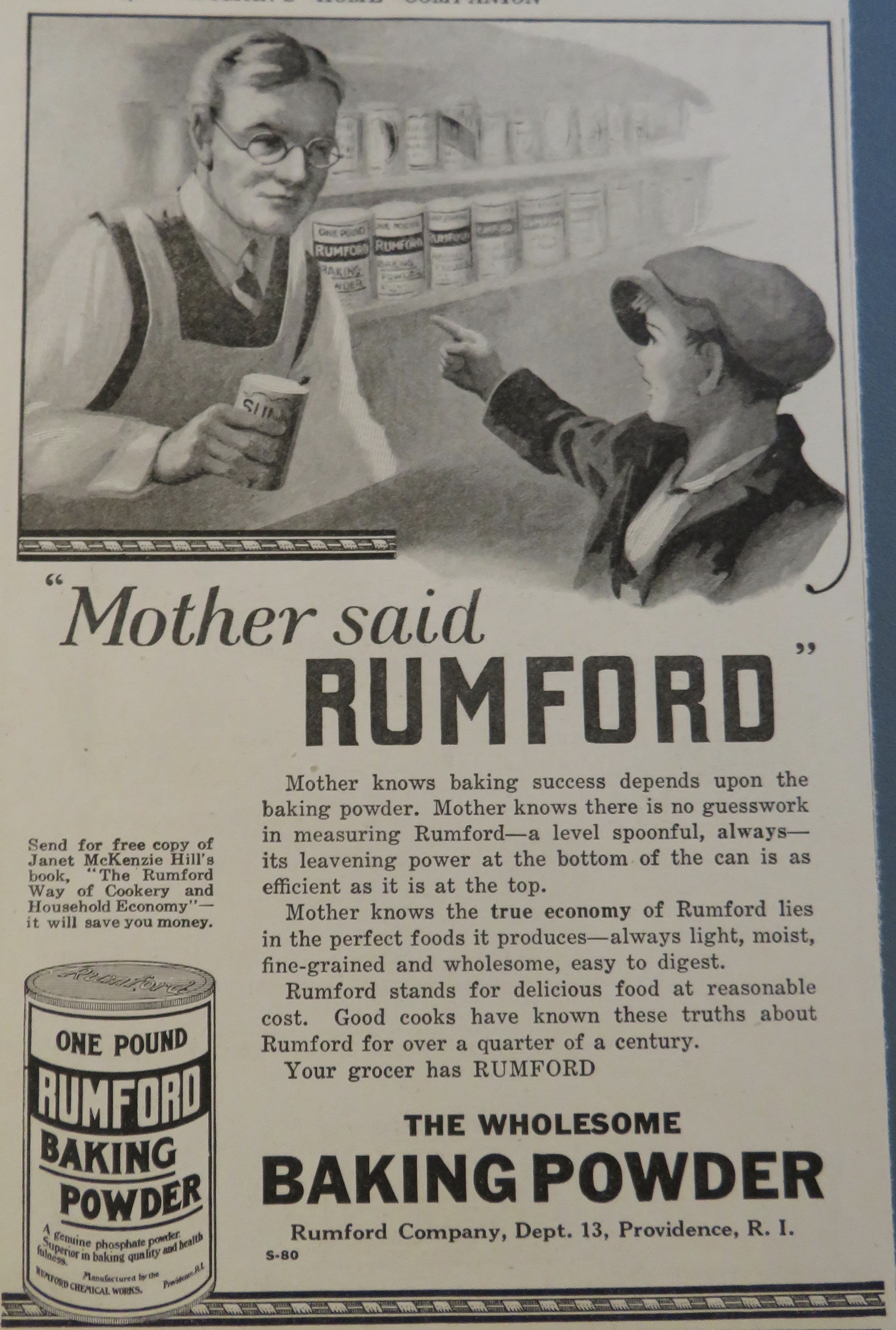 1920 Rumford Baking Powder with Boy Buying Powder