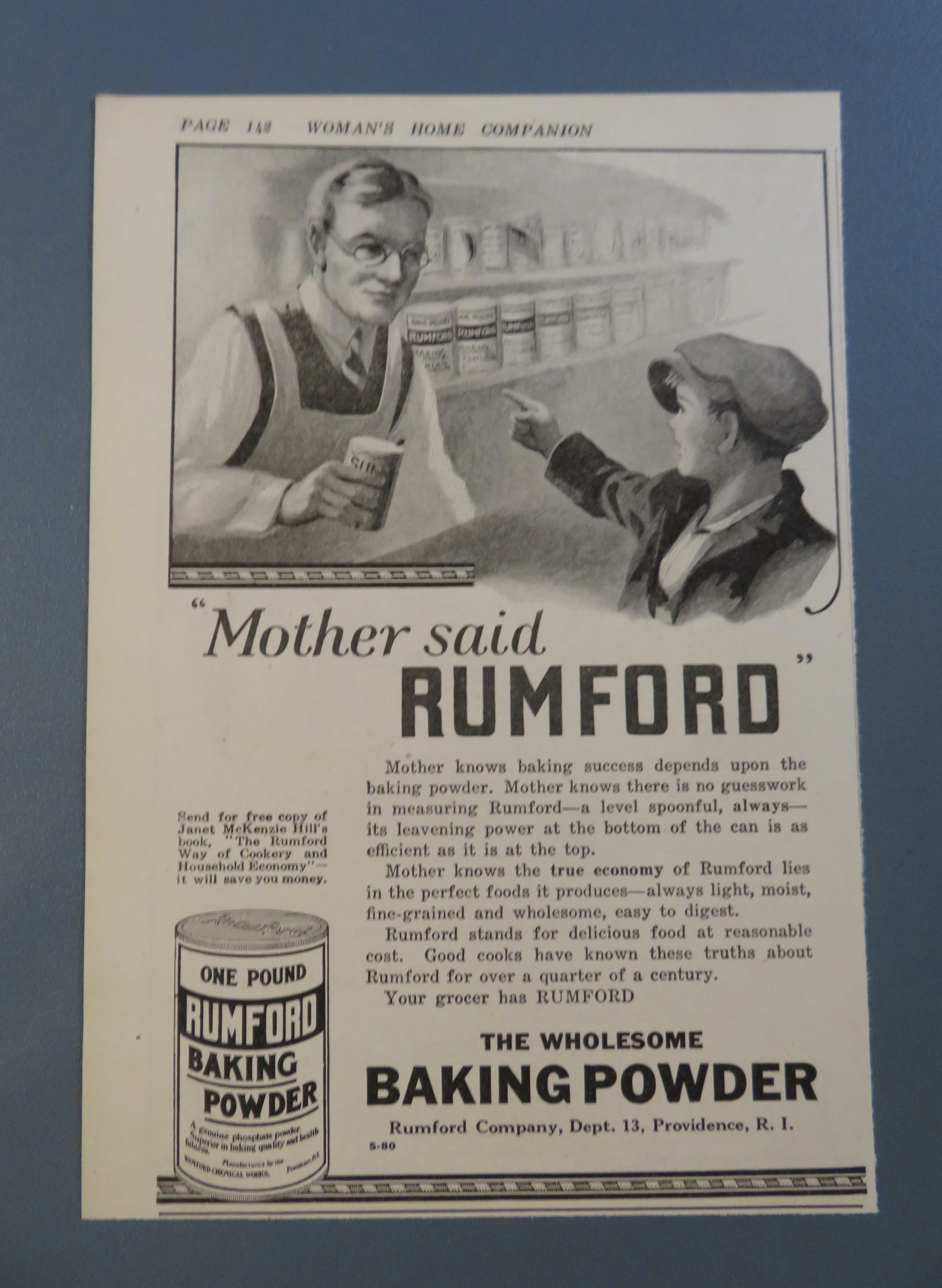 1920 Rumford Baking Powder with Boy Buying Powder