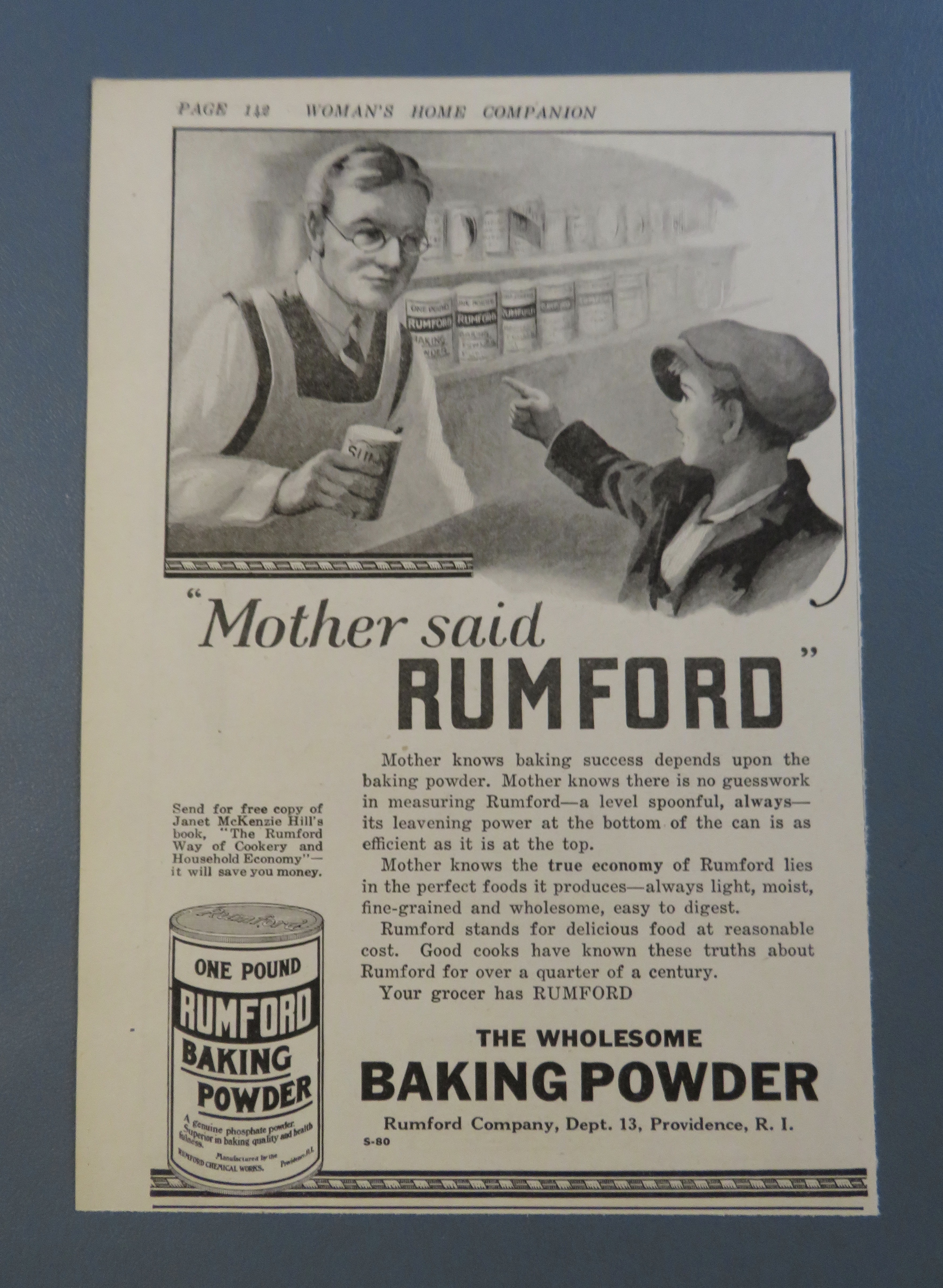 1920 Rumford Baking Powder with Boy Buying Powder
