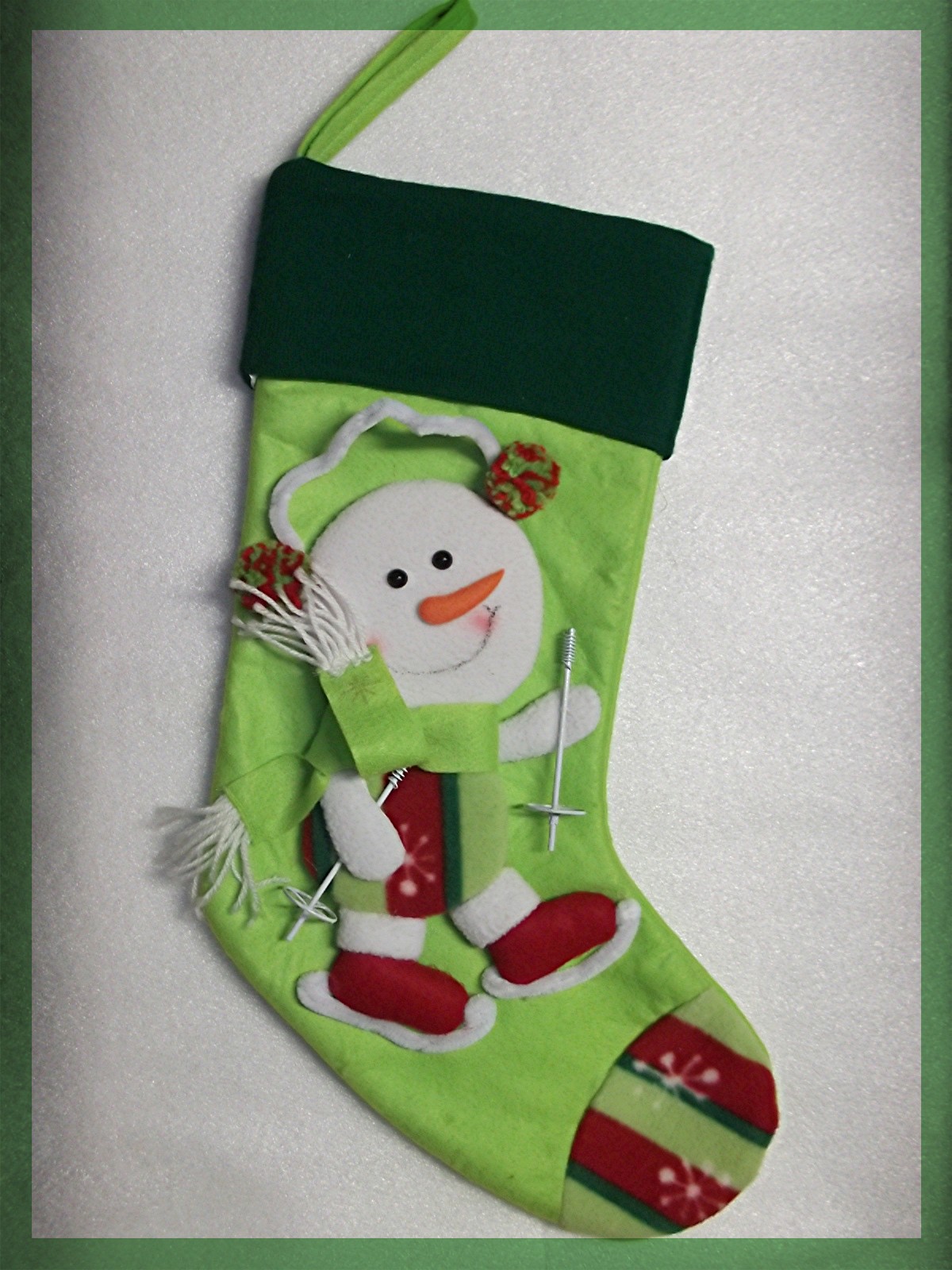Christmas Stocking lime green flannel skiing snowman
