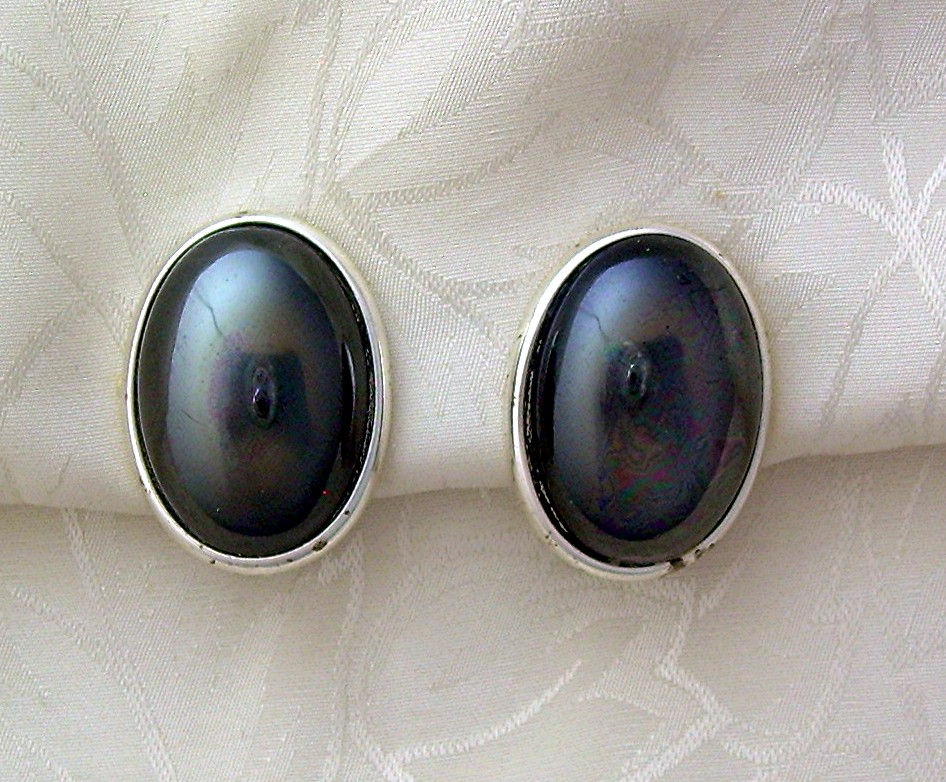 Silvertone Signed Faux Hematite Earrings
