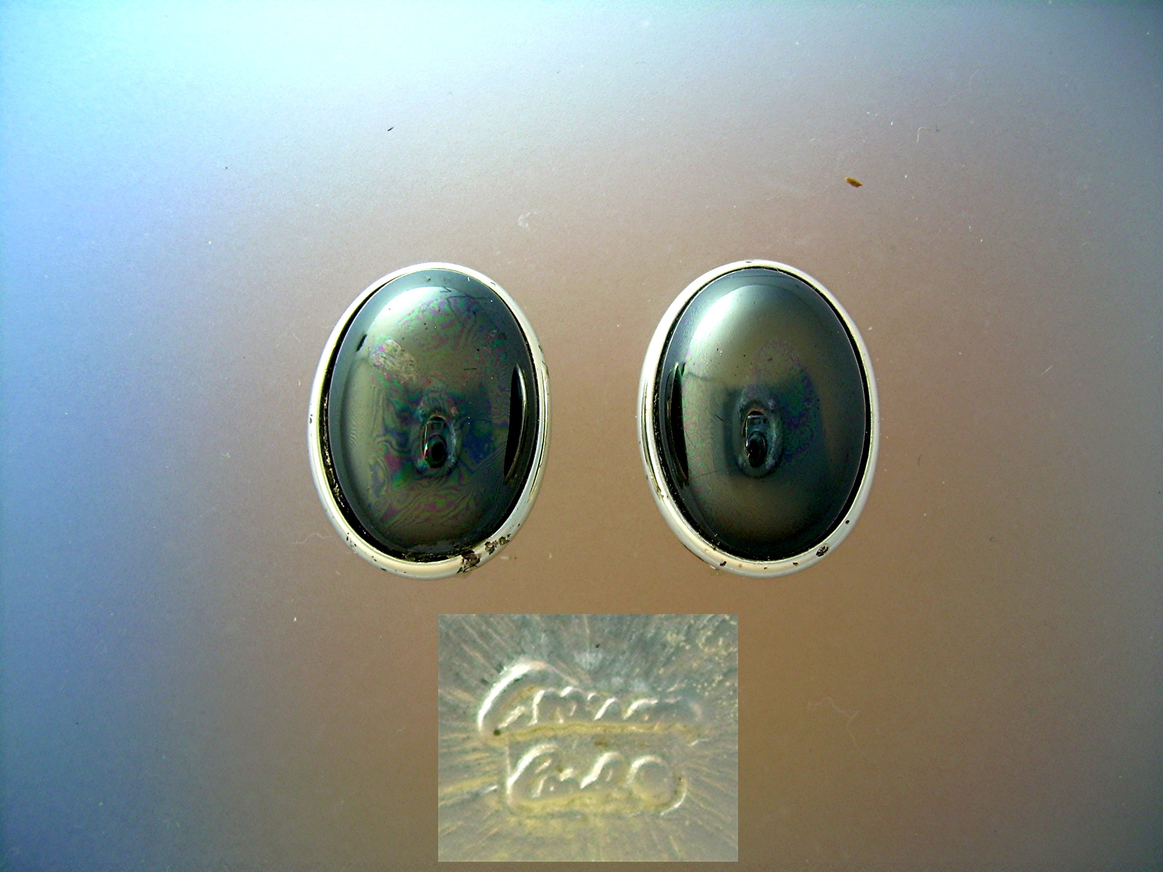 Silvertone Signed Faux Hematite Earrings