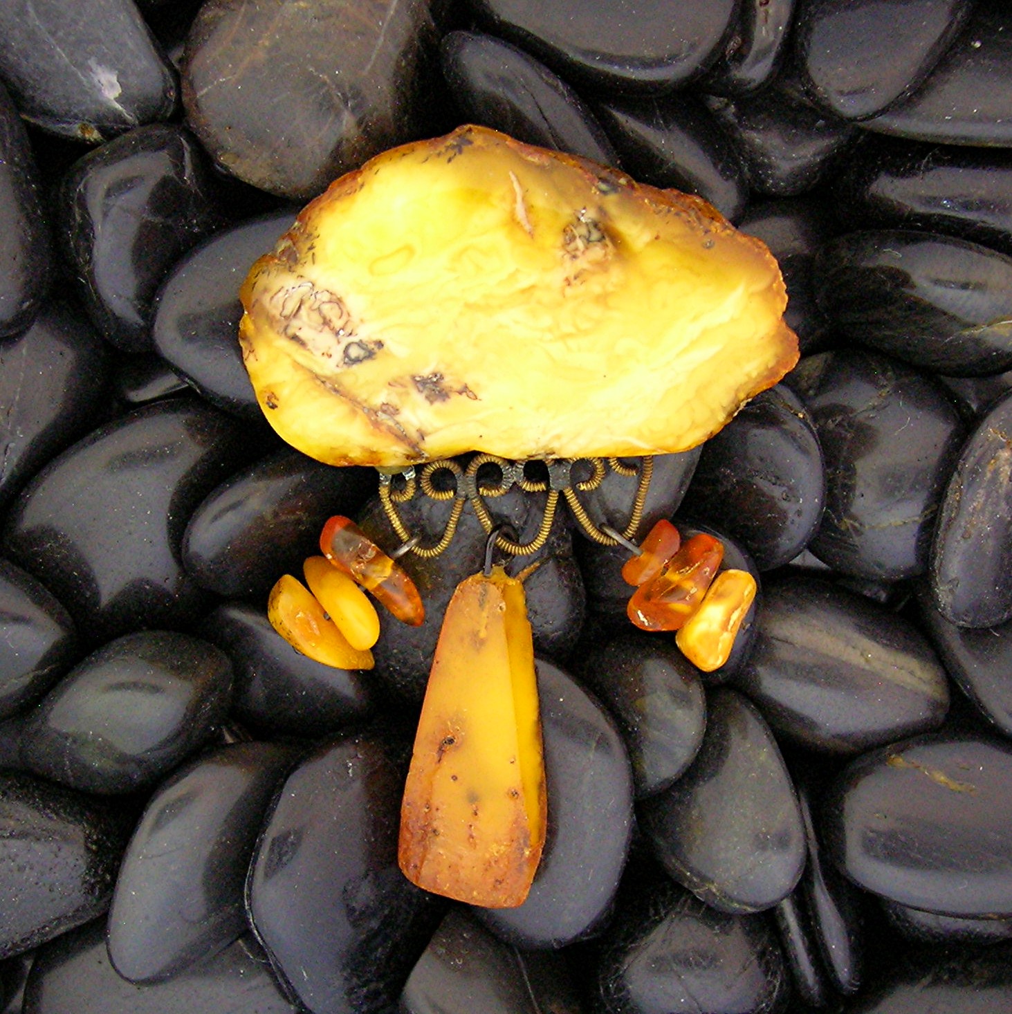 Baltic AMBER Golden Butterscotch  Brooch With Dangles