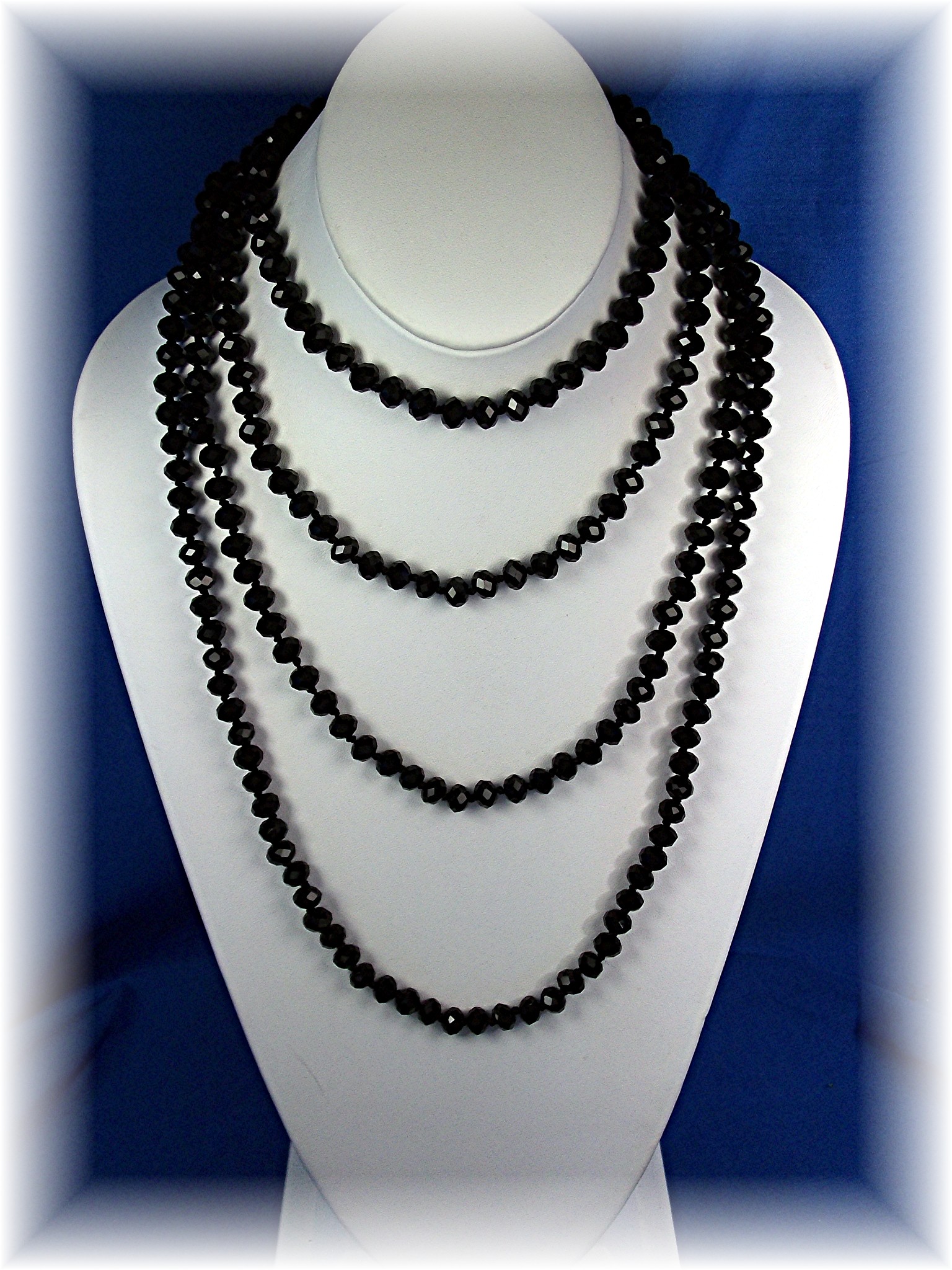 Necklace Black Faceted Crystal 80 Inch Hand Knotted