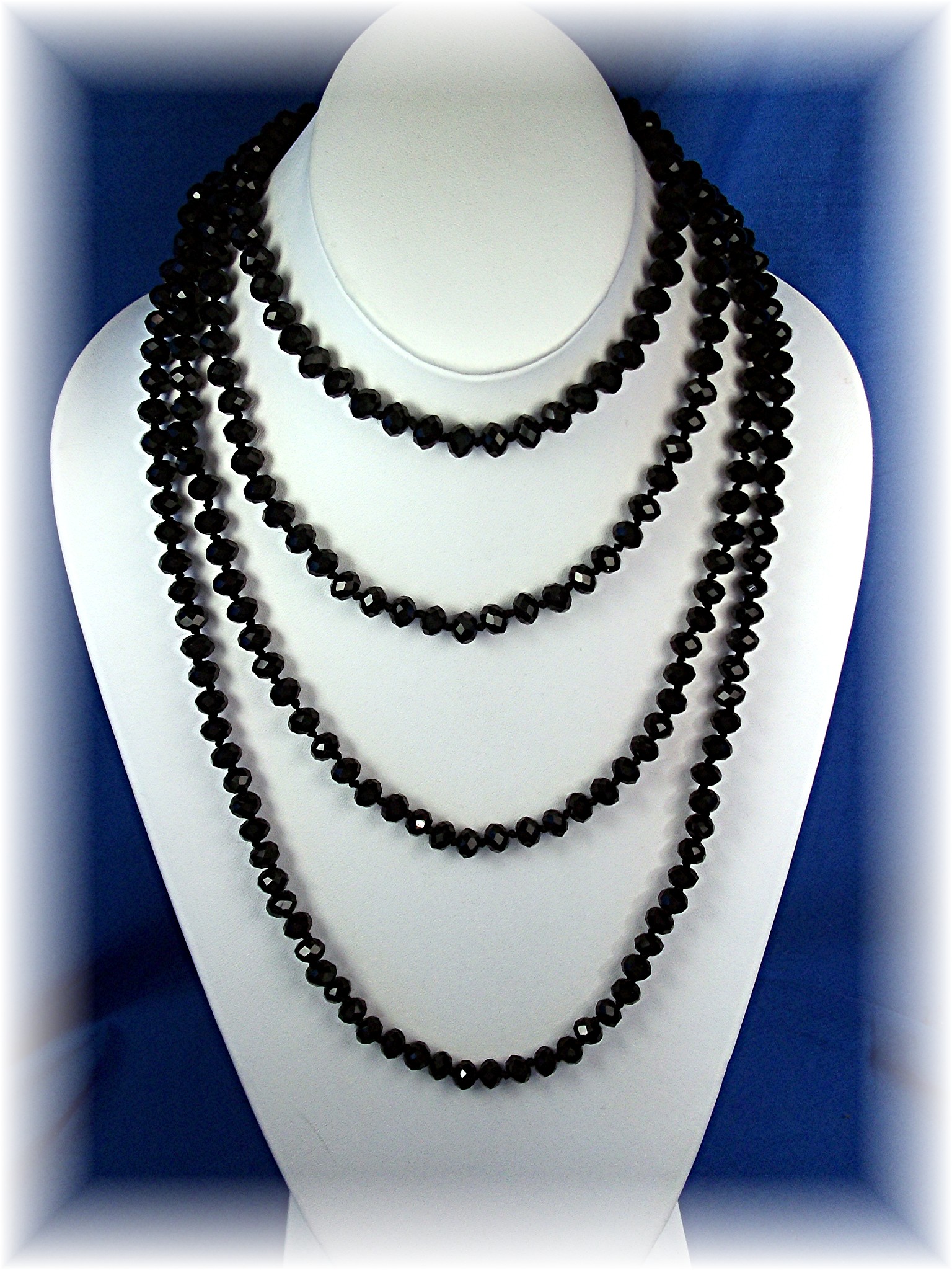 Necklace Black Faceted Crystal 80 Inch Hand Knotted