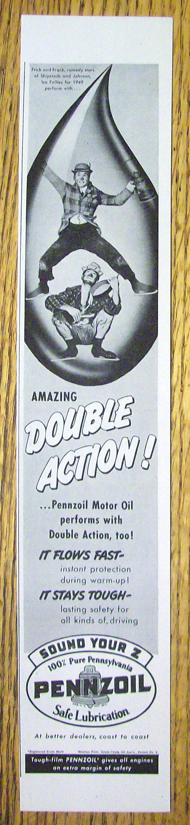 Ad: 1949 Pennzoil with Frick & Frack from Ice Follies