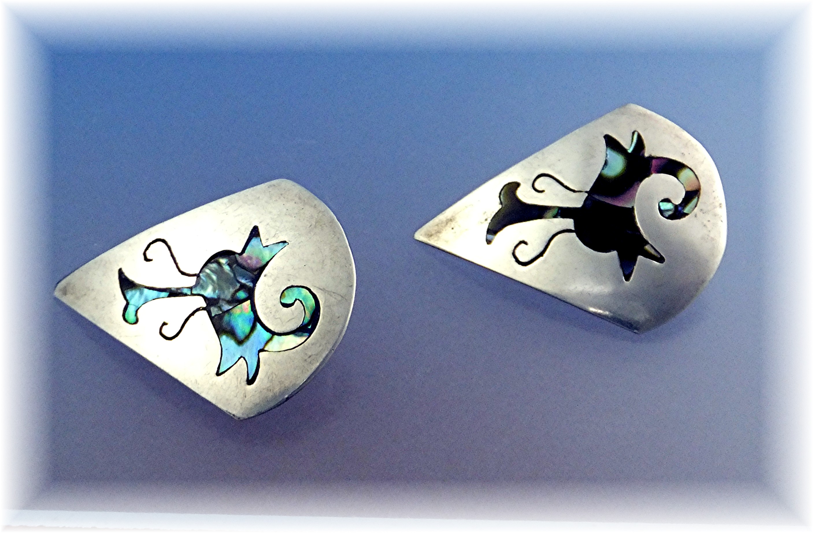 Taxco Mex Sterling Silver Abalone Inlay Clip Earrings