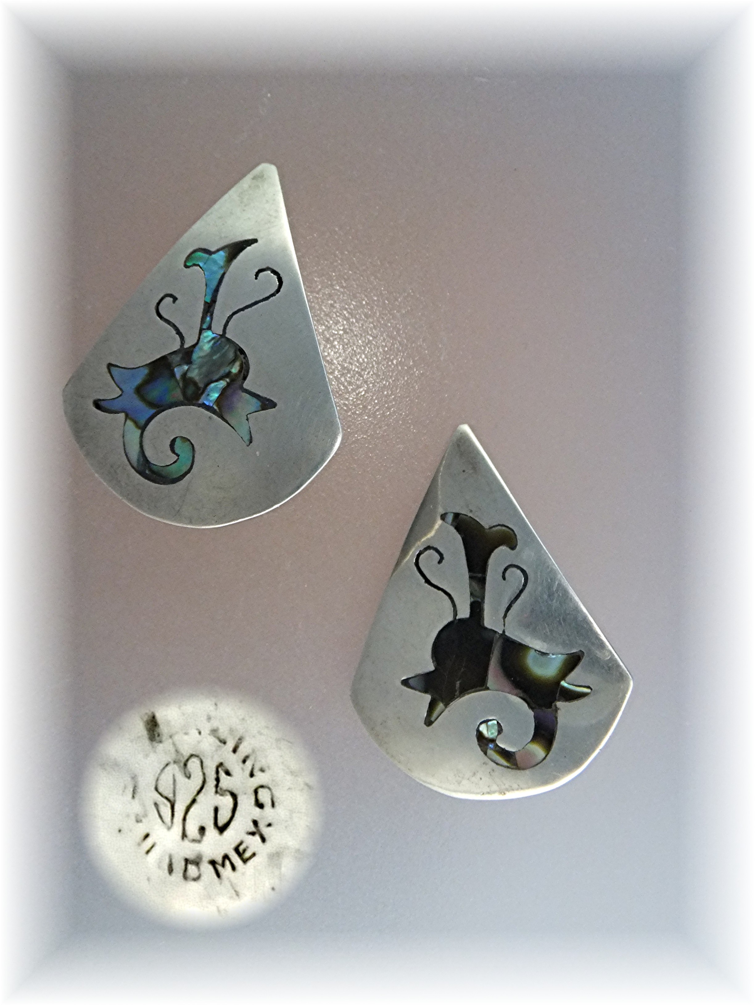 Taxco Mex Sterling Silver Abalone Inlay Clip Earrings