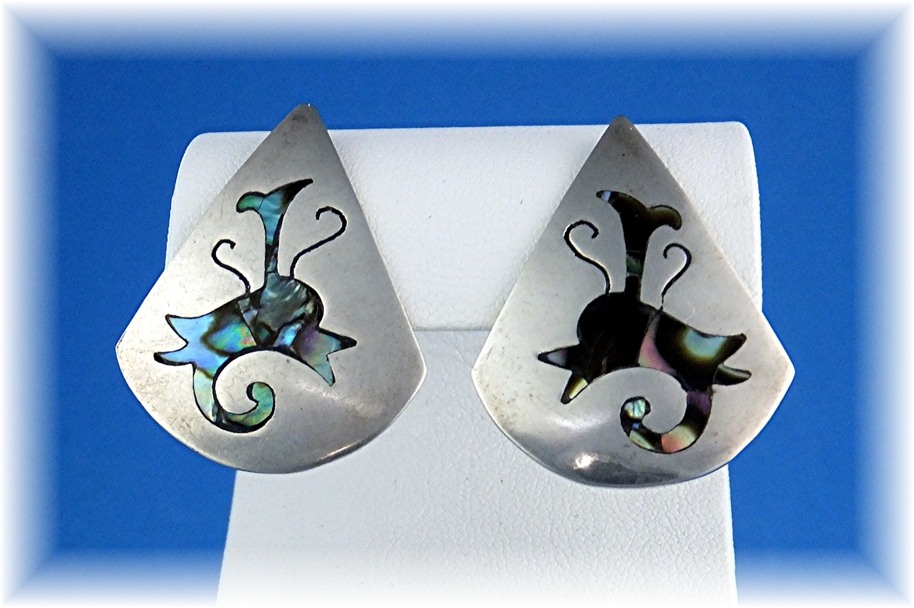 Taxco Mex Sterling Silver Abalone Inlay Clip Earrings