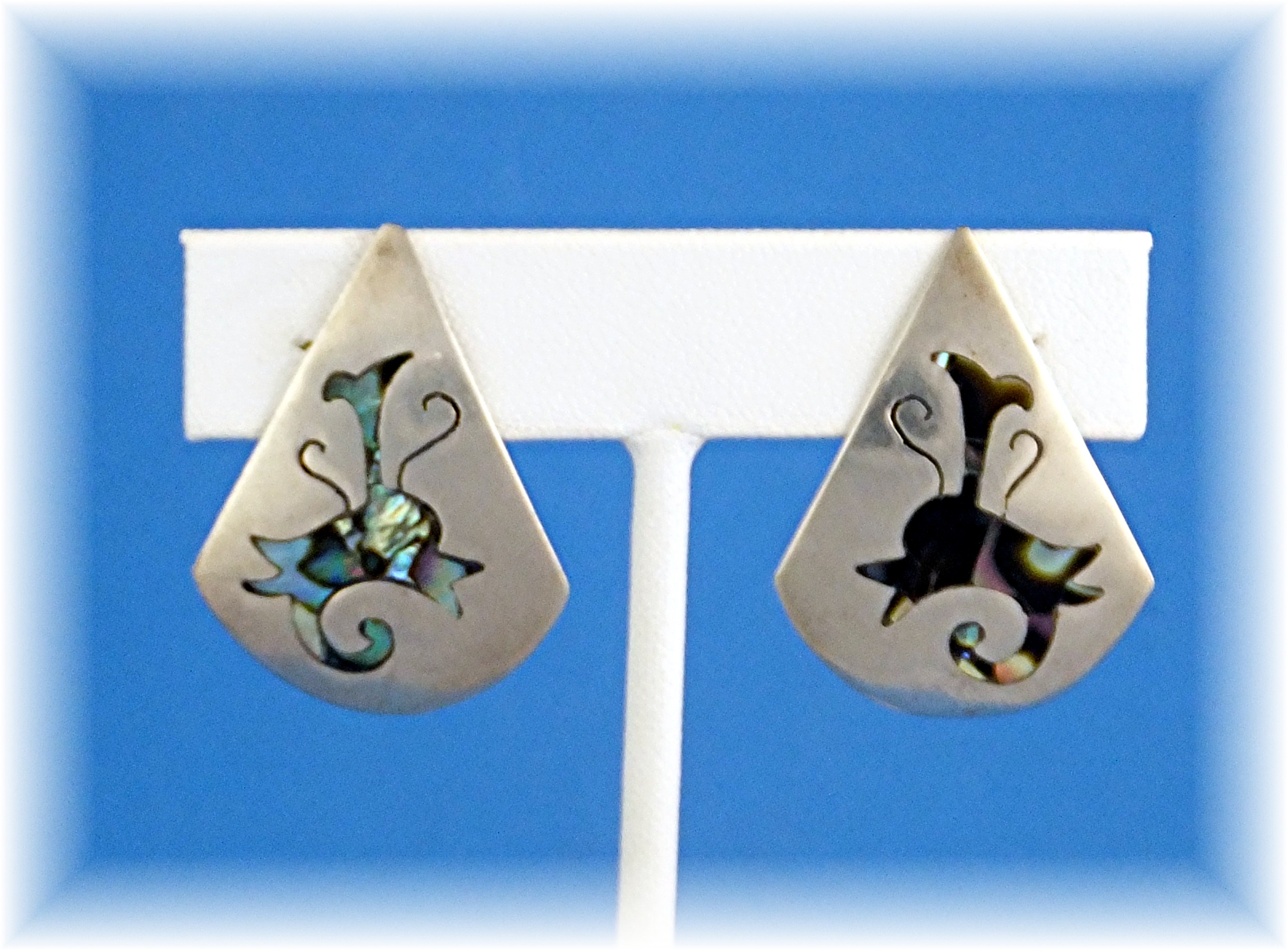 Taxco Mex Sterling Silver Abalone Inlay Clip Earrings