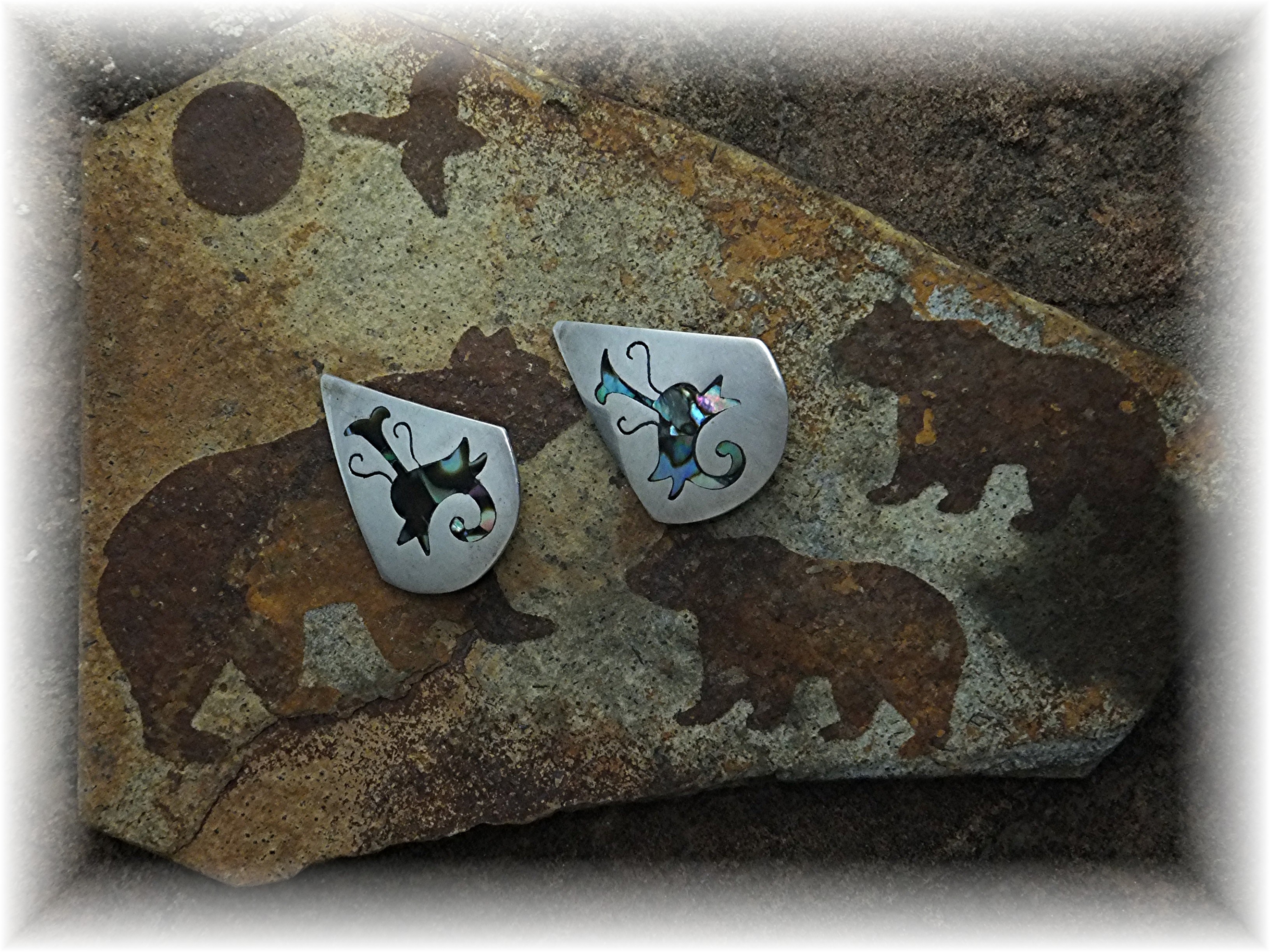Taxco Mex Sterling Silver Abalone Inlay Clip Earrings