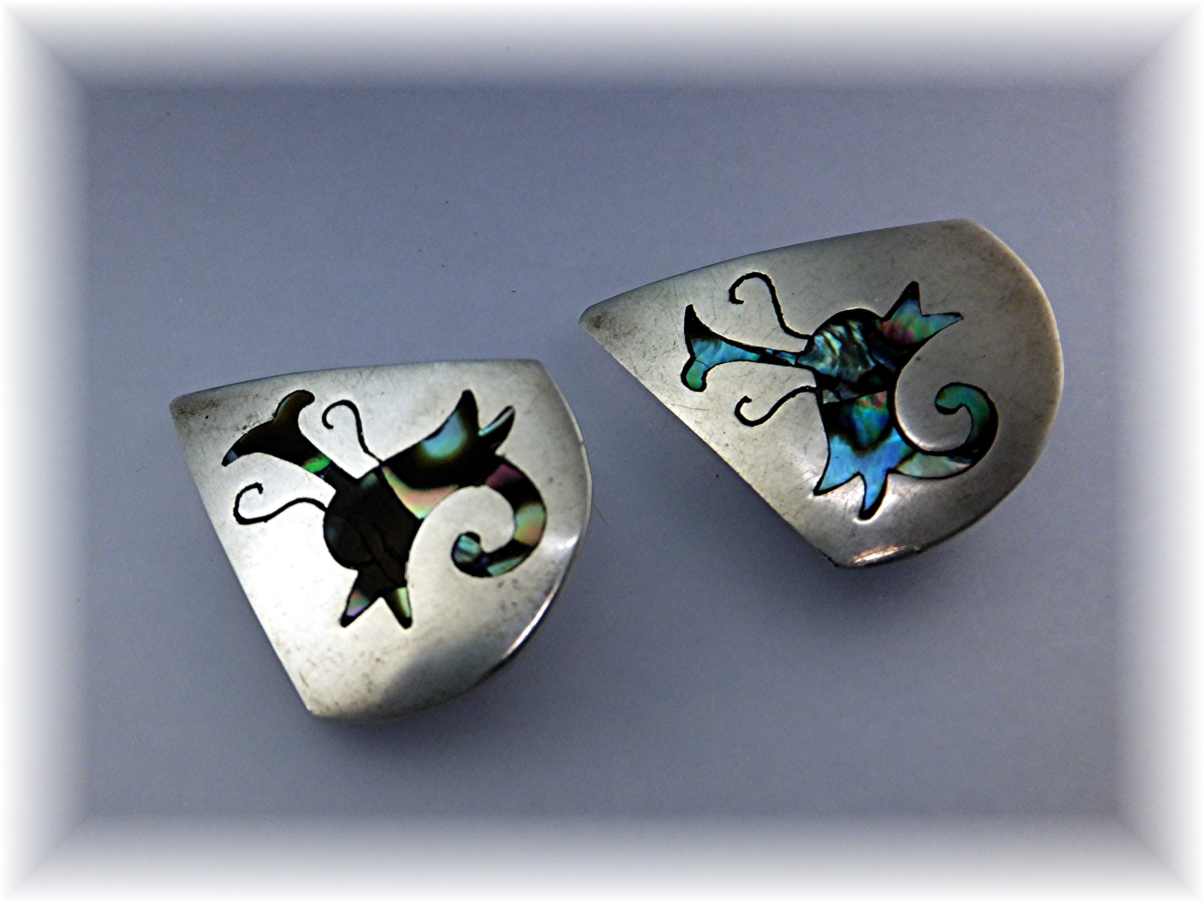 Taxco Mex Sterling Silver Abalone Inlay Clip Earrings