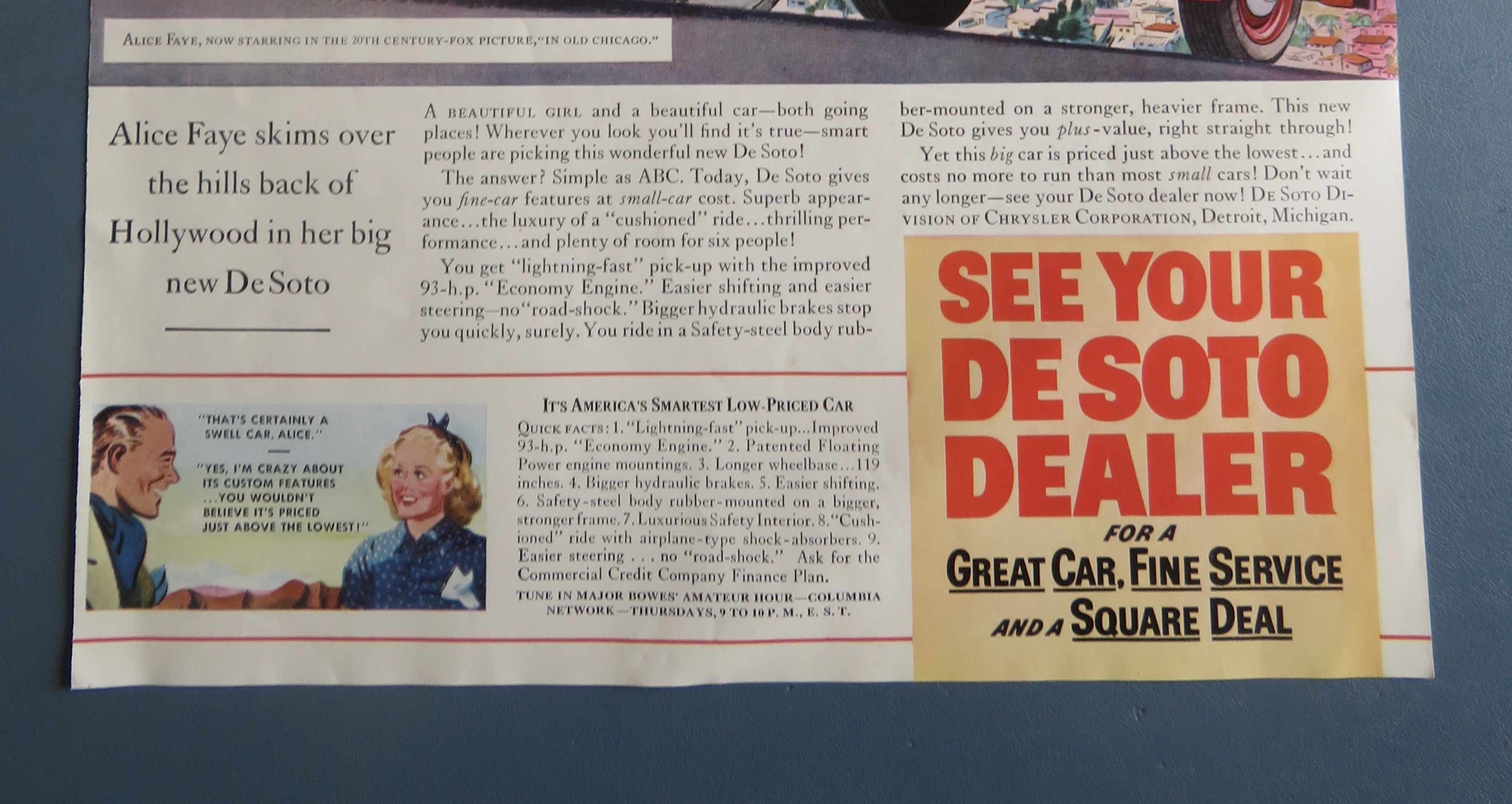 1937 De Soto Automobile with Alice Faye
