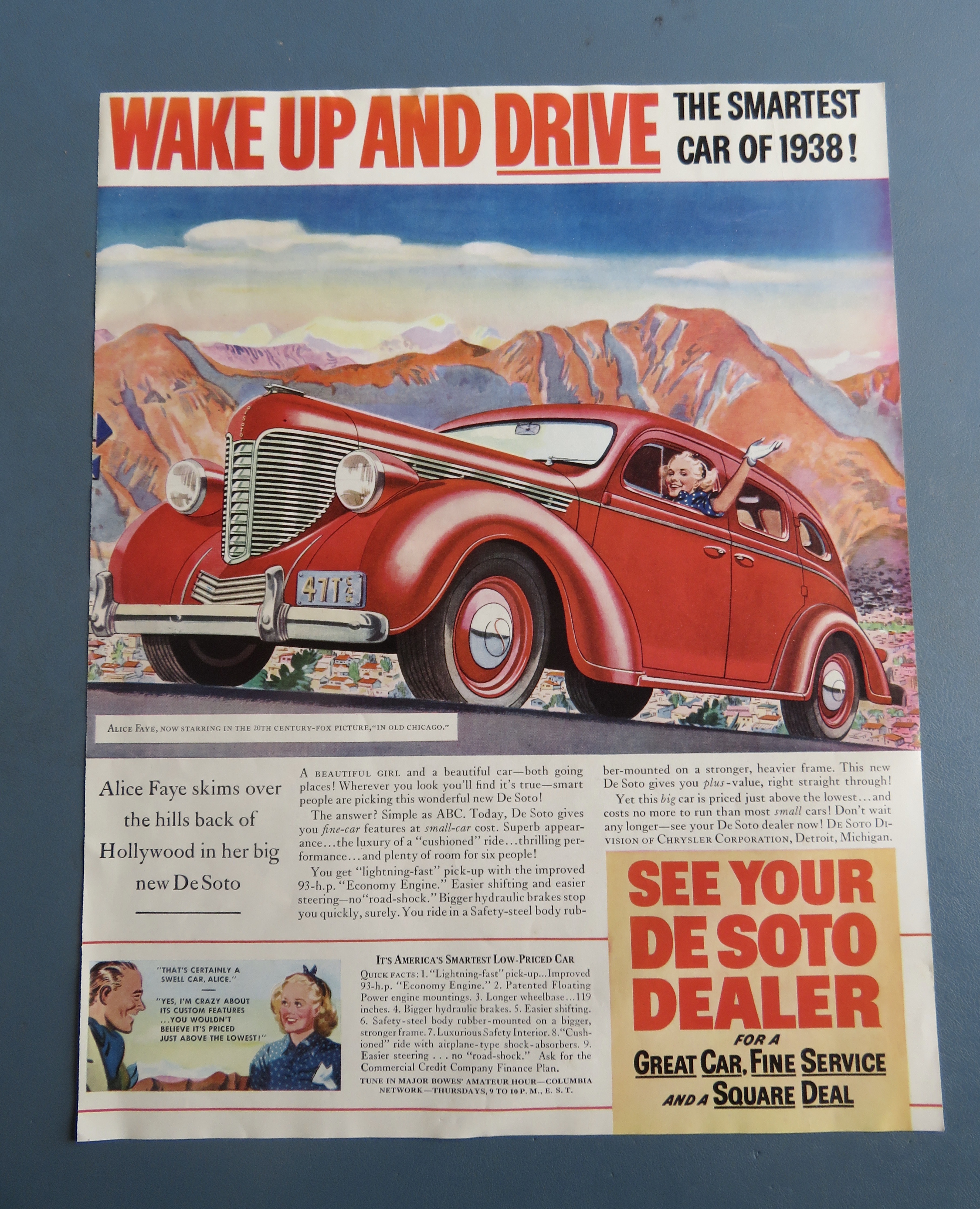 1937 De Soto Automobile with Alice Faye