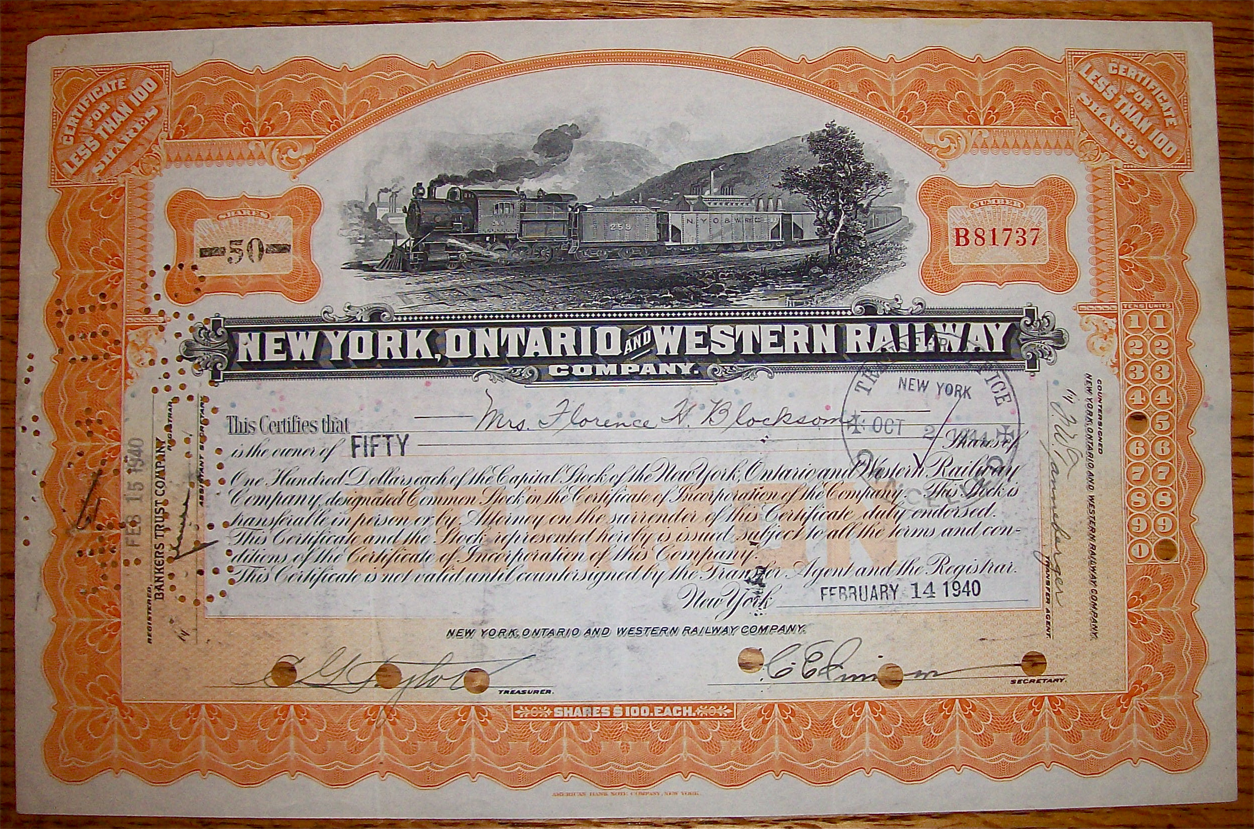 1940 New York, Ontario & Western Railway Stock