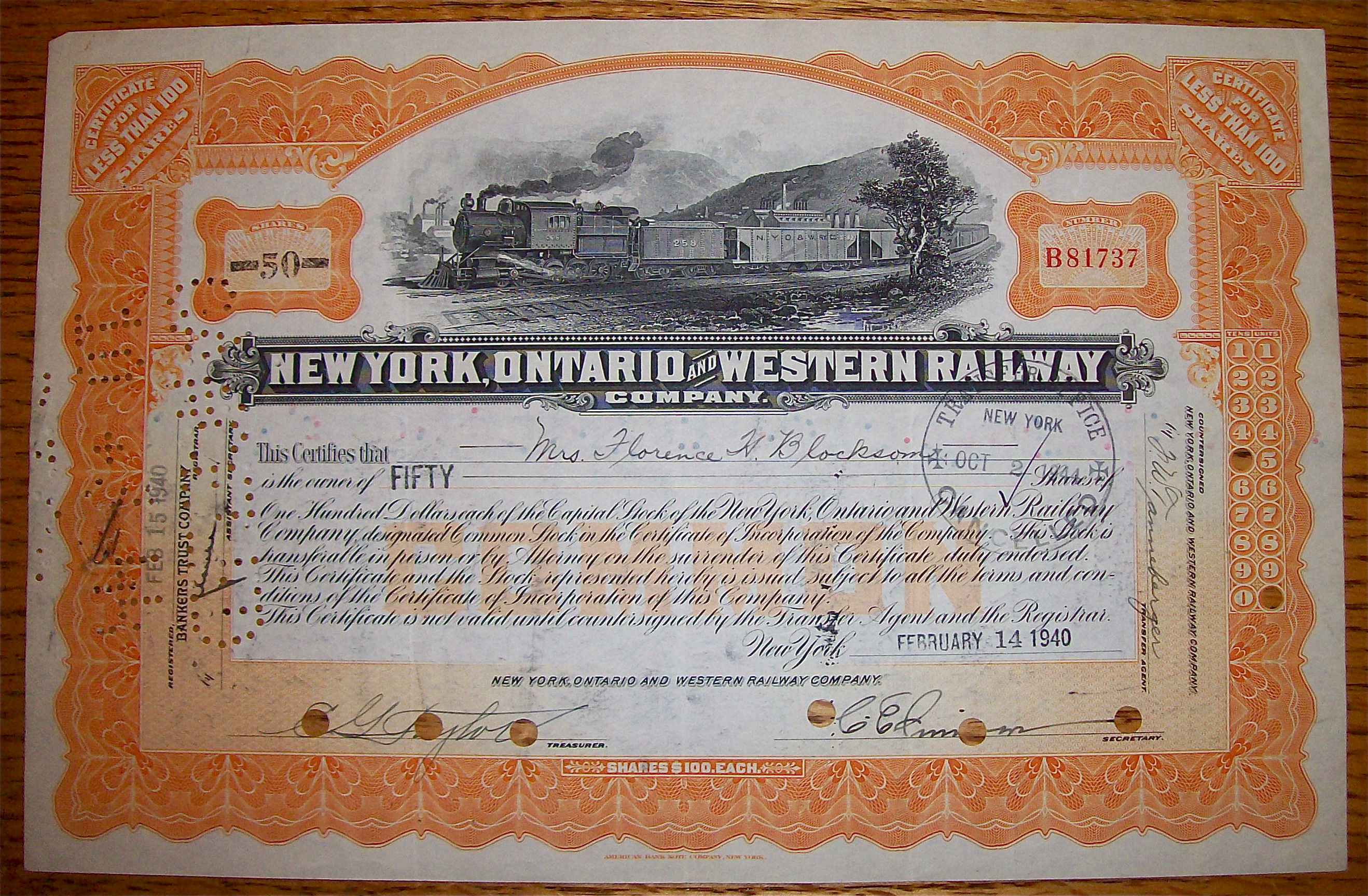 1940 New York, Ontario & Western Railway Stock