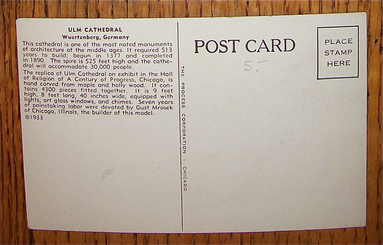 Ulm Cathedral-Hall Of Religion Postcard (1933)