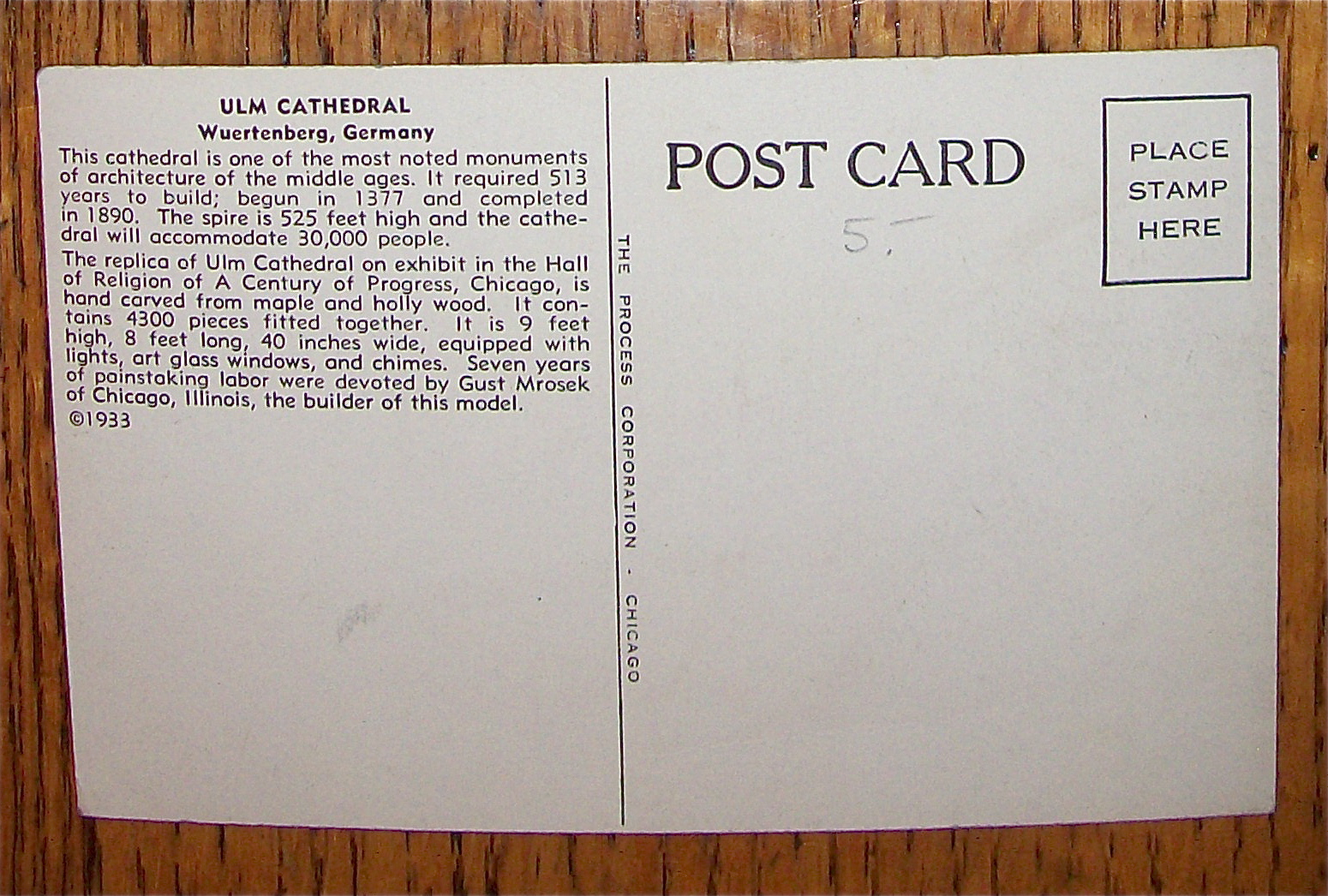 Ulm Cathedral-Hall Of Religion Postcard (1933)