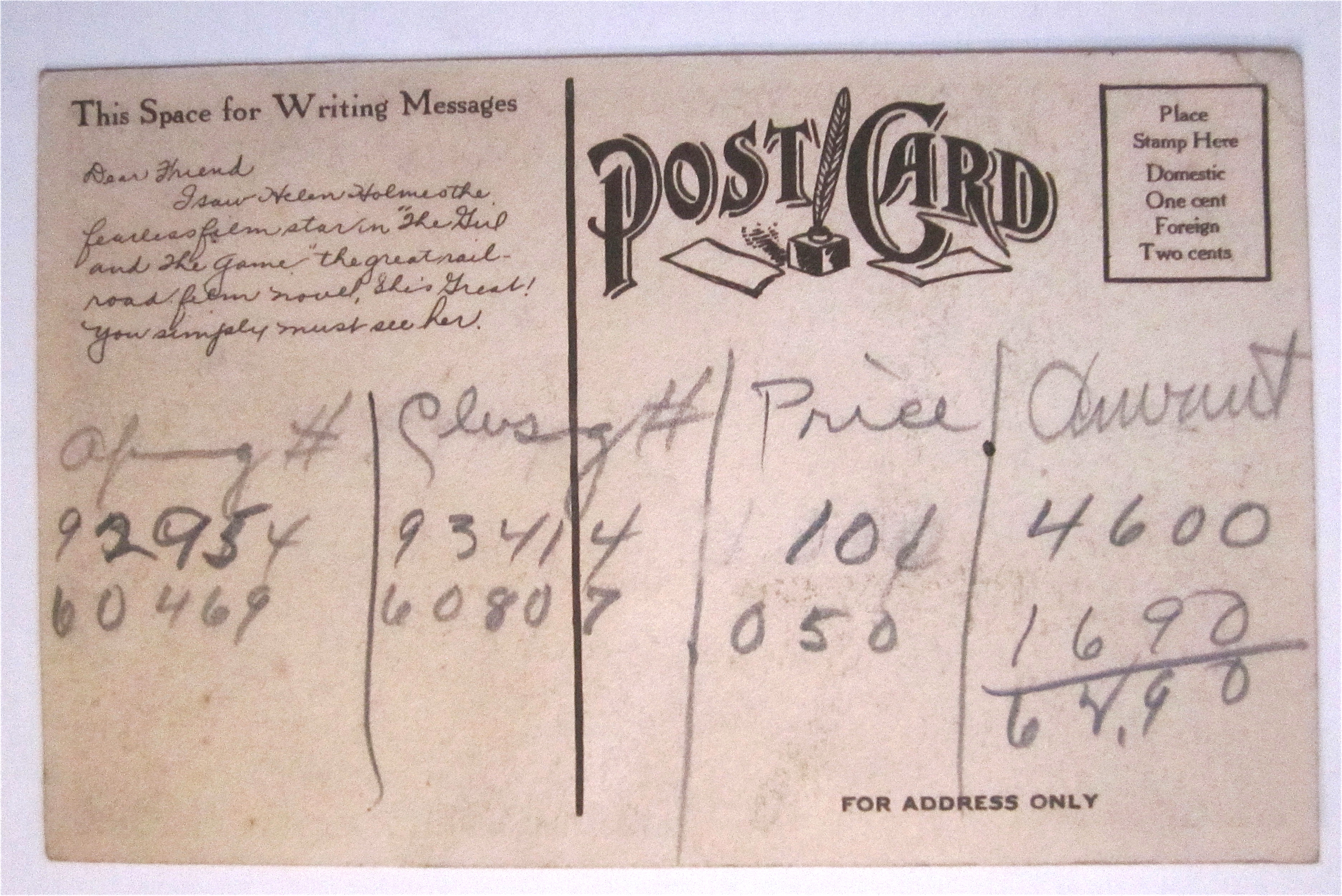 Helen Holmes (The Girl With The Game) Postcard