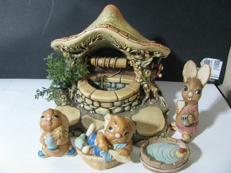 Vintage Hand-Painted Ceramic Wishing Well and Rabbit Figurine Set - 5 Pieces