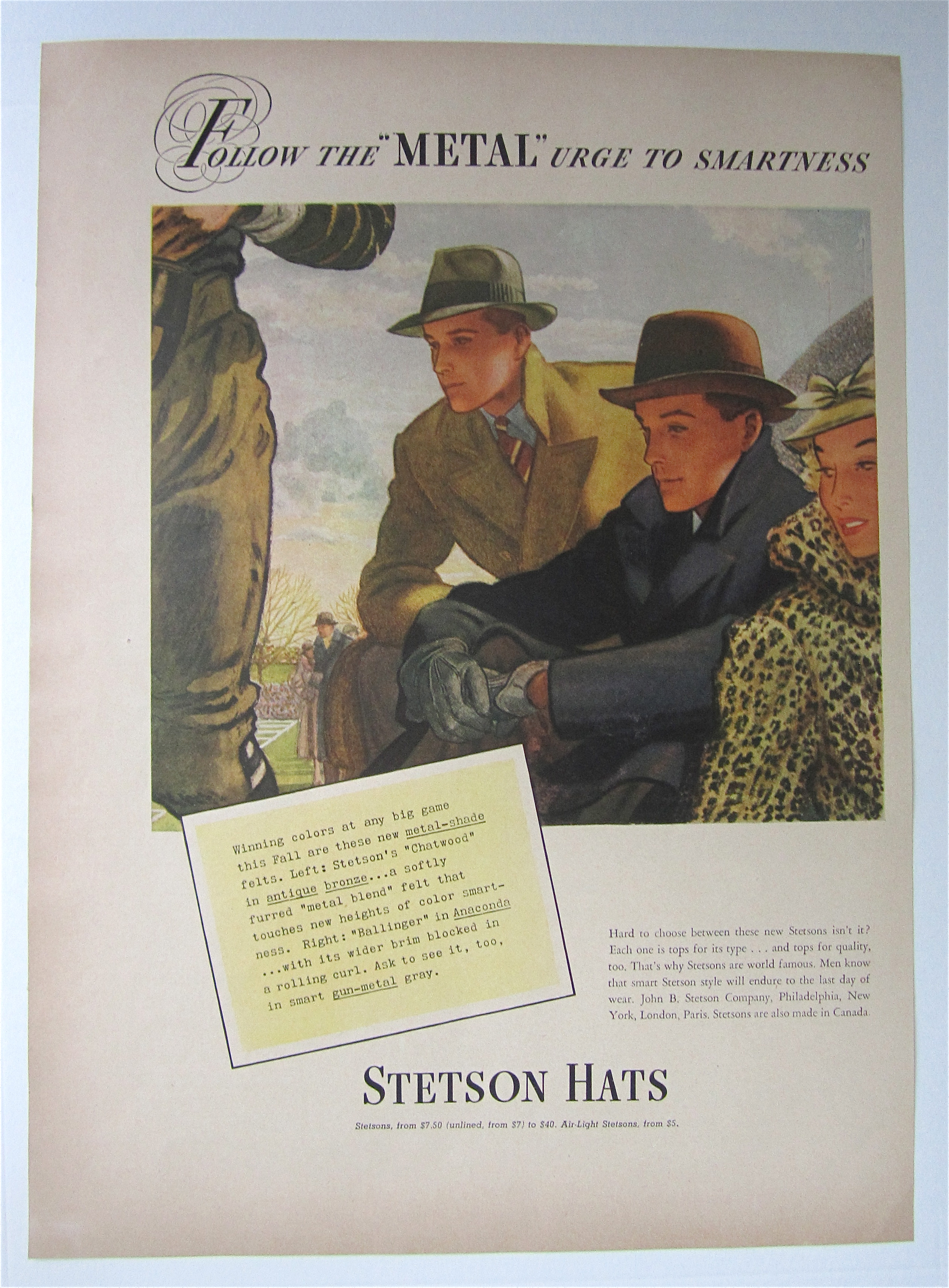 1937 Stetson Hats with Metal Shade Felts