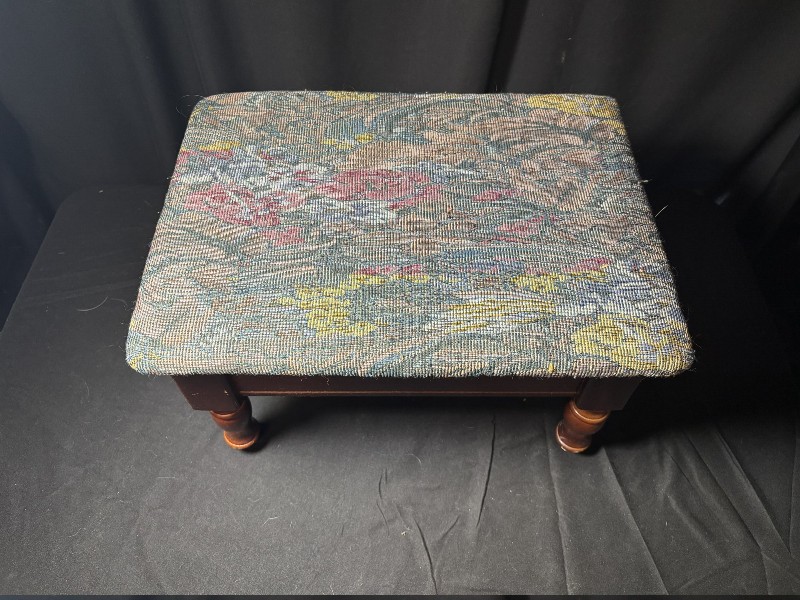Vintage Wooden Footstool with Upholstered Top and Storage Compartment