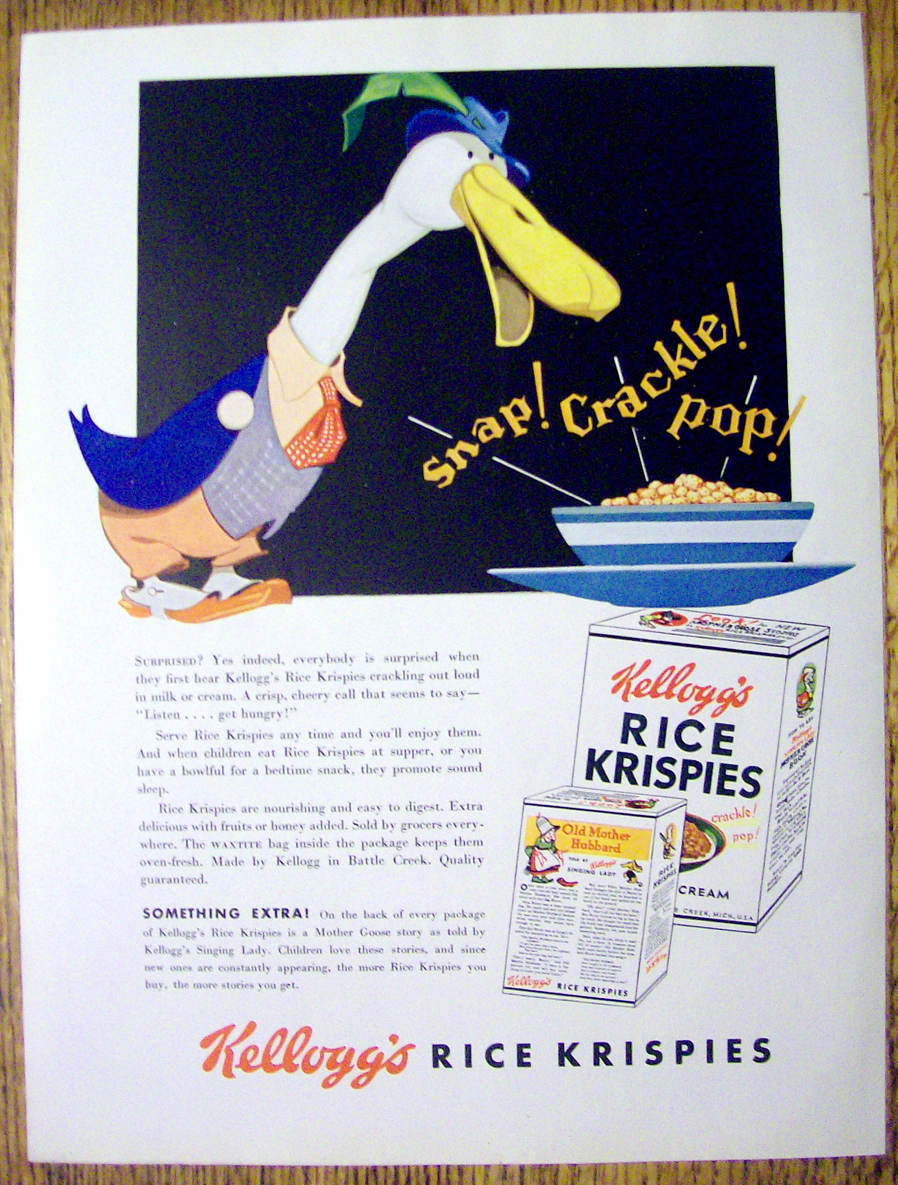 1935 Kellogg Rice Krispies Cereal with Duck