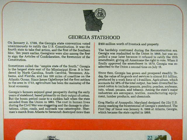 First day issue stamp,  1987 Georgia Statehood