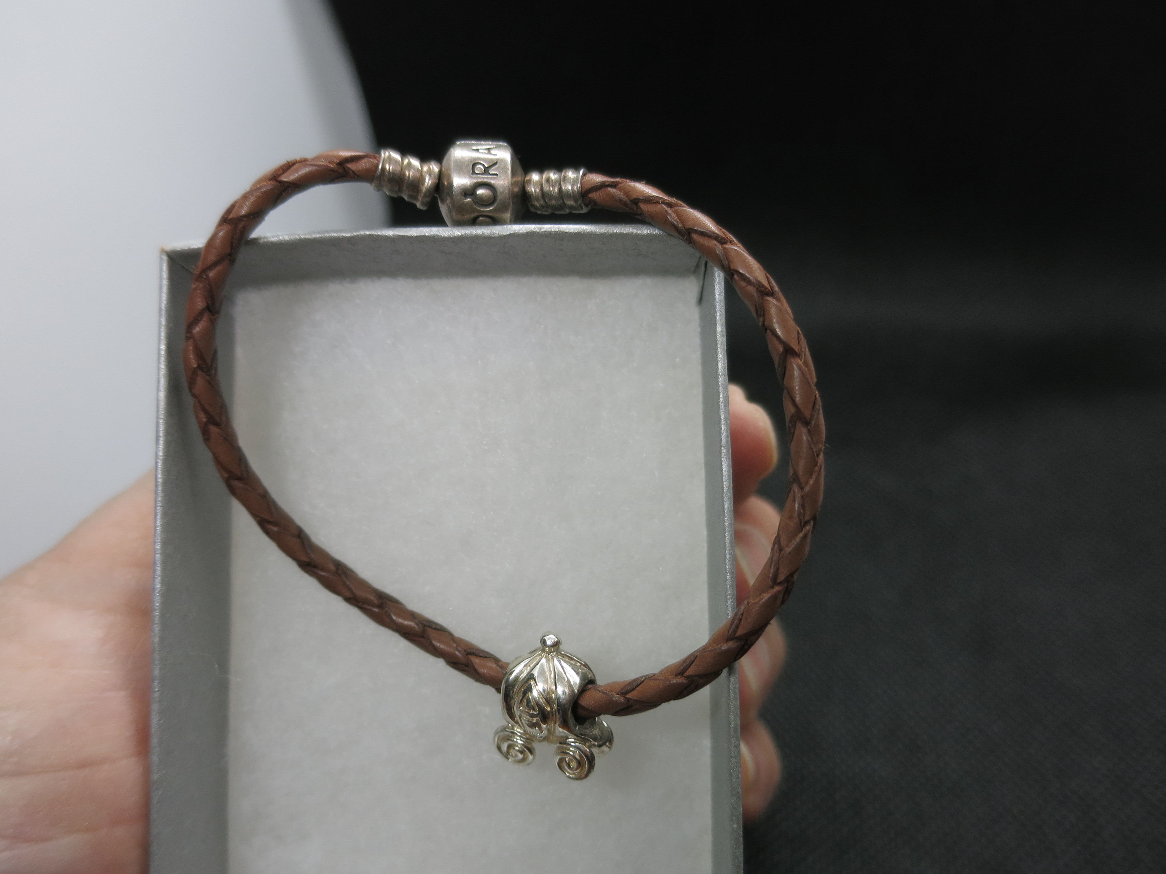 Pandora Leather Bracelet with Cinderella Pumpkin Coach Charm