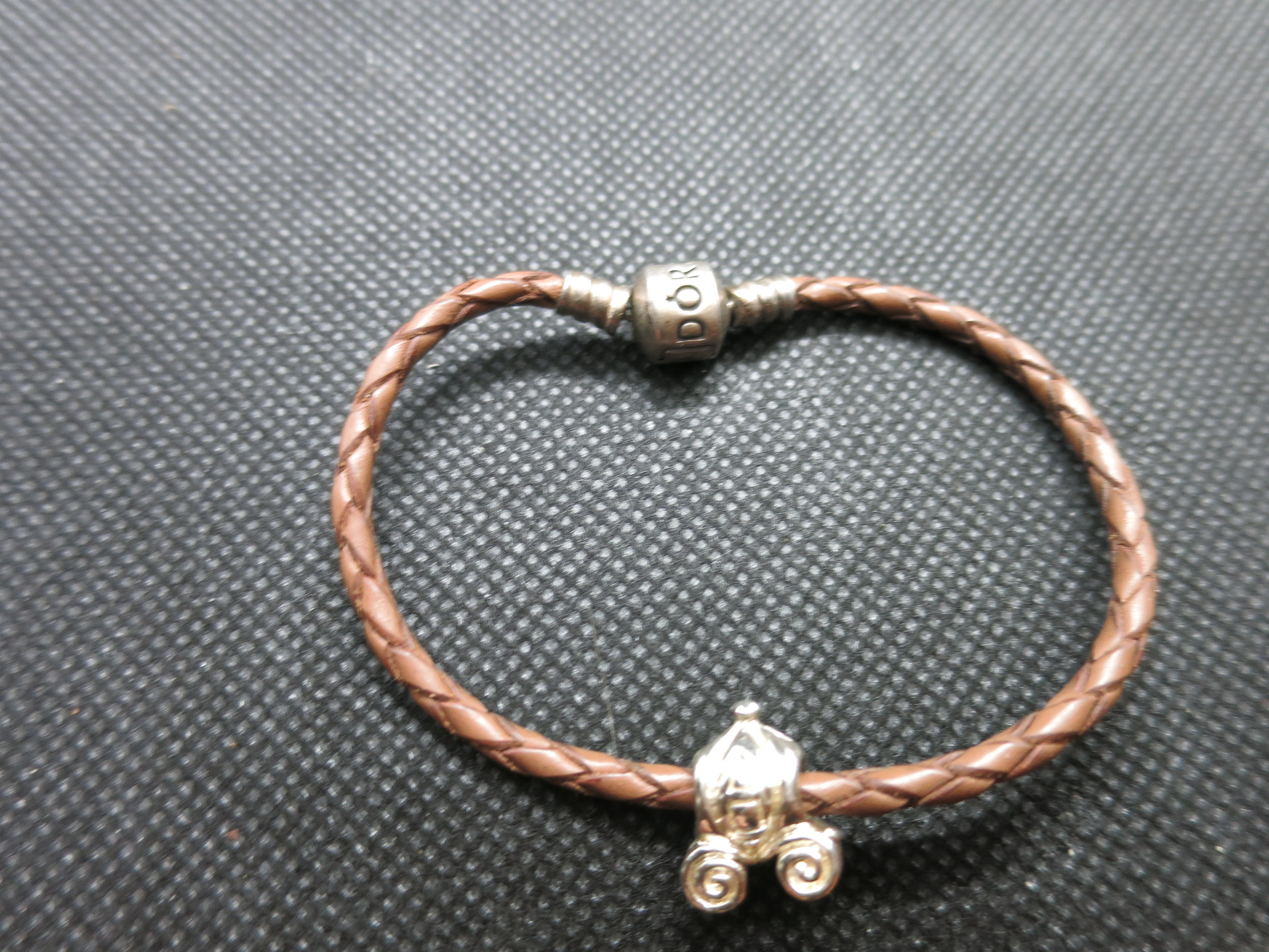 Pandora Leather Bracelet with Cinderella Pumpkin Coach Charm