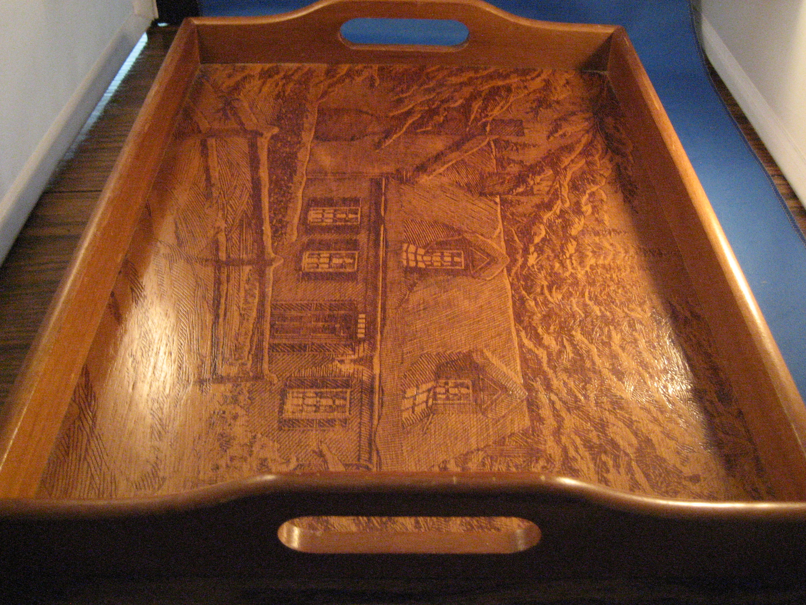 Wooden Tray with House Scene