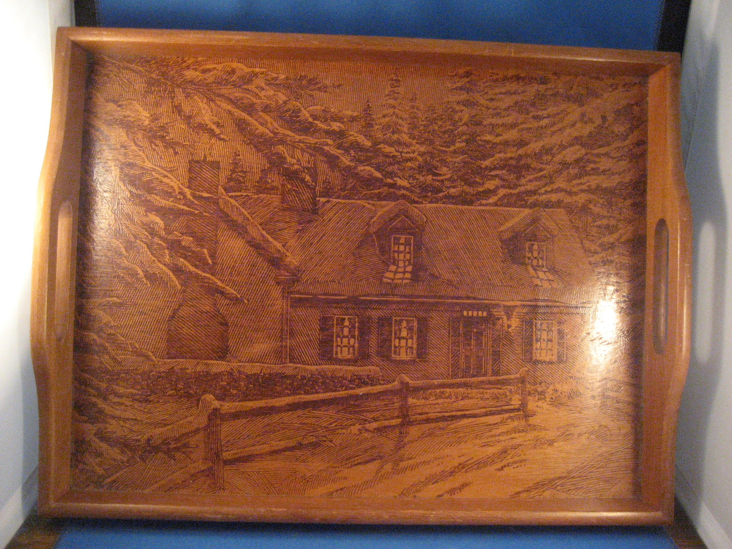 Wooden Tray with House Scene