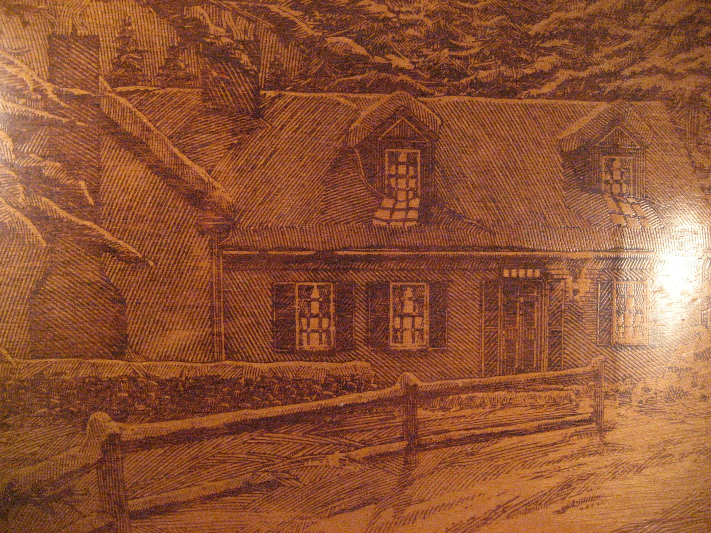 Wooden Tray with House Scene