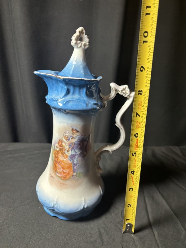 Porcelain Chocolate Pot with Lid Victorian Courting Couple Blue White