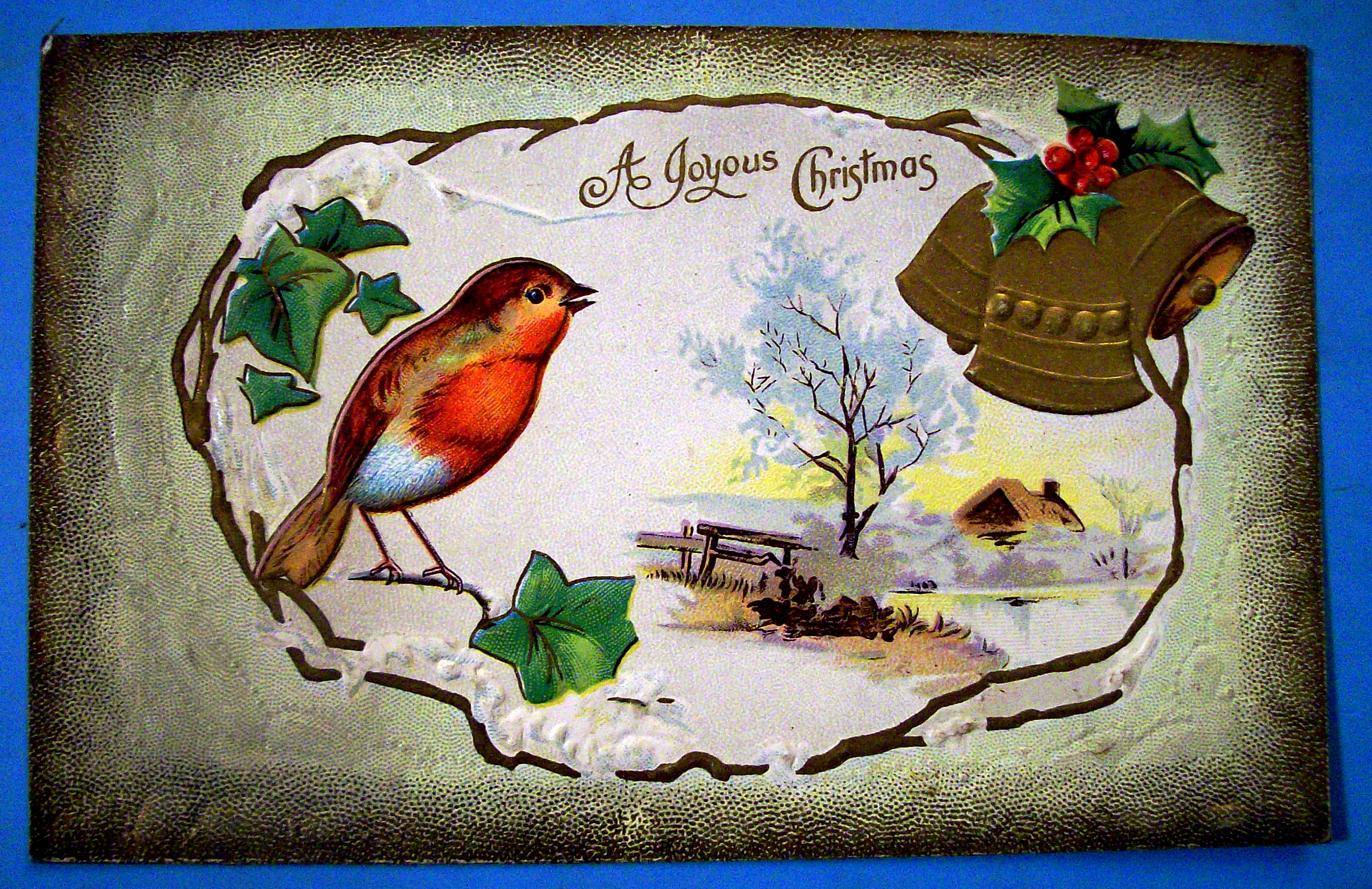 A Joyful Christmas Postcard with Bird Perched on Branch