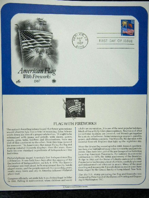 First Day issue stamp, American Flag with fireworks