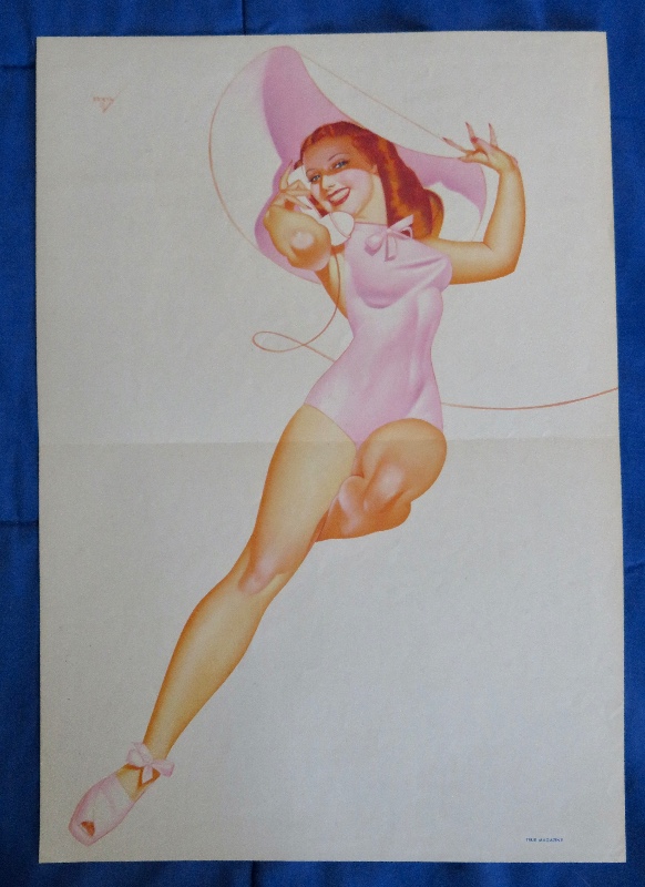 Original 1945 Sexy Red Haired Pin Up Girl Wearing Pink Outfit & Pink Hat While Talking On Telephone By George Petty