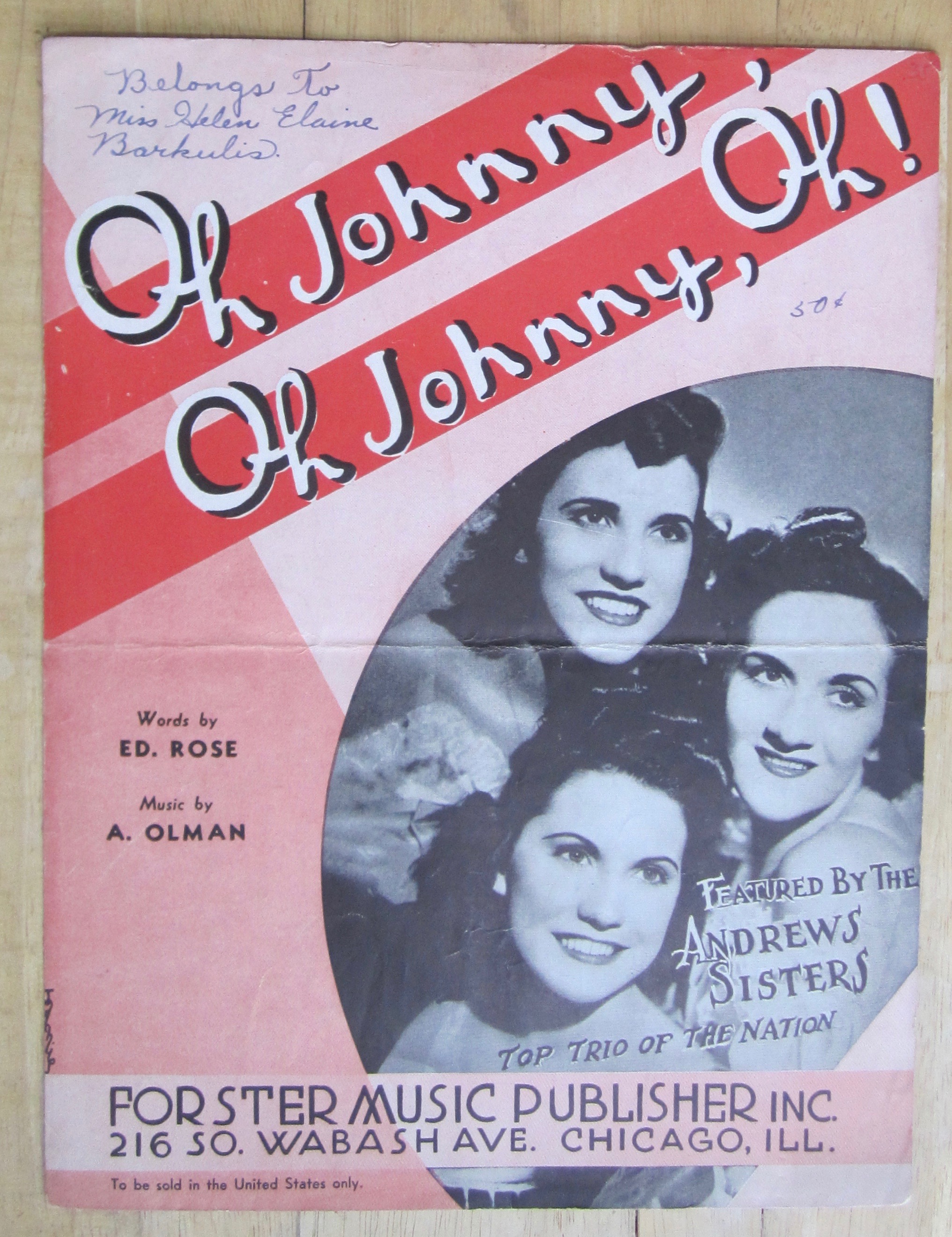 1917 Sheet Music For Oh Johnny, Oh Johnny, Oh