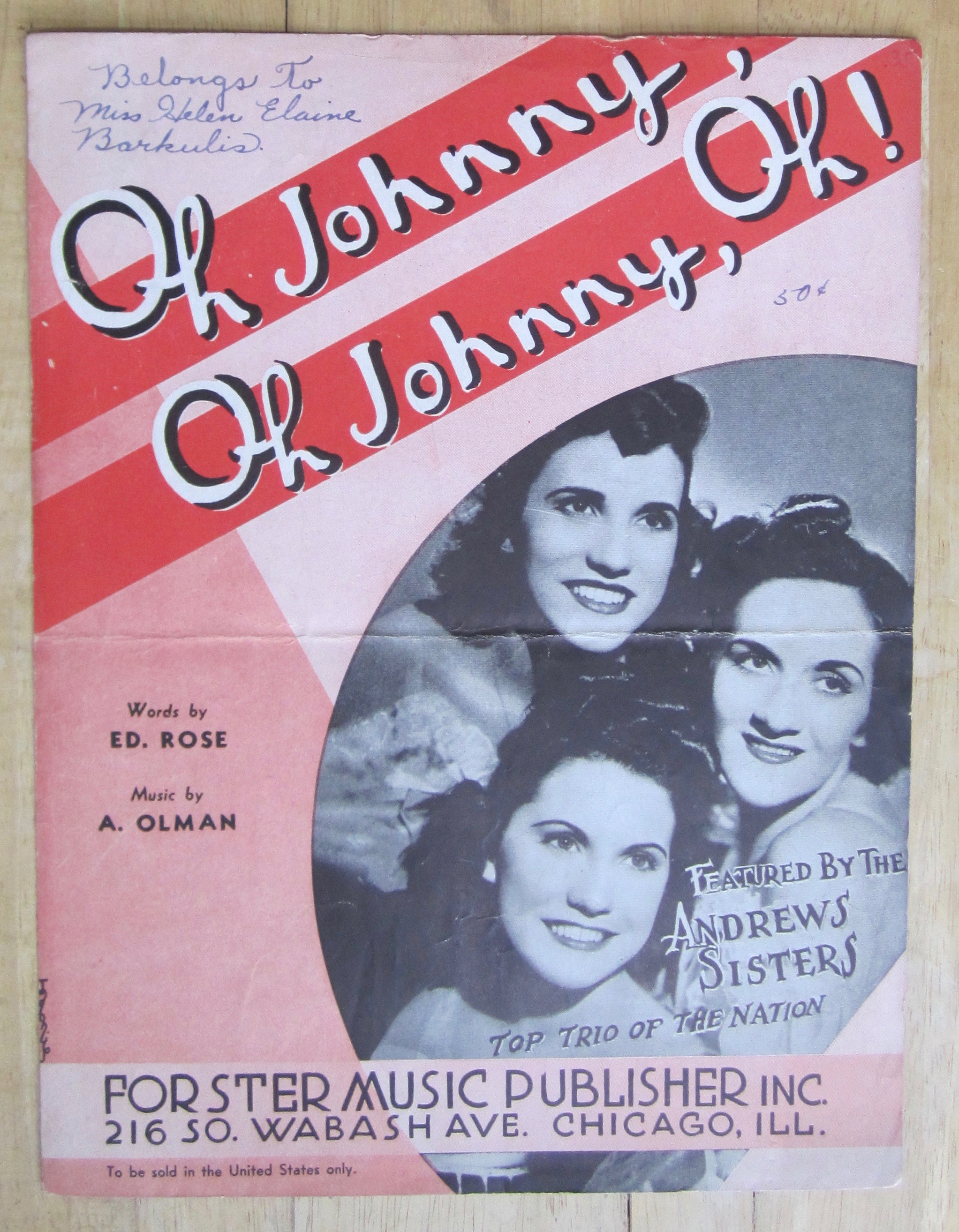 1917 Sheet Music For Oh Johnny, Oh Johnny, Oh