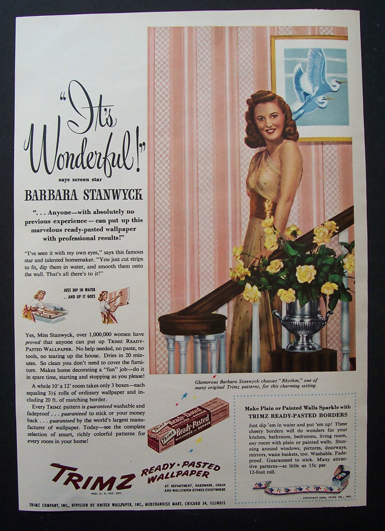1946 Trimz Ready-Pasted Wallpaper w/ Barbara Stanwyck