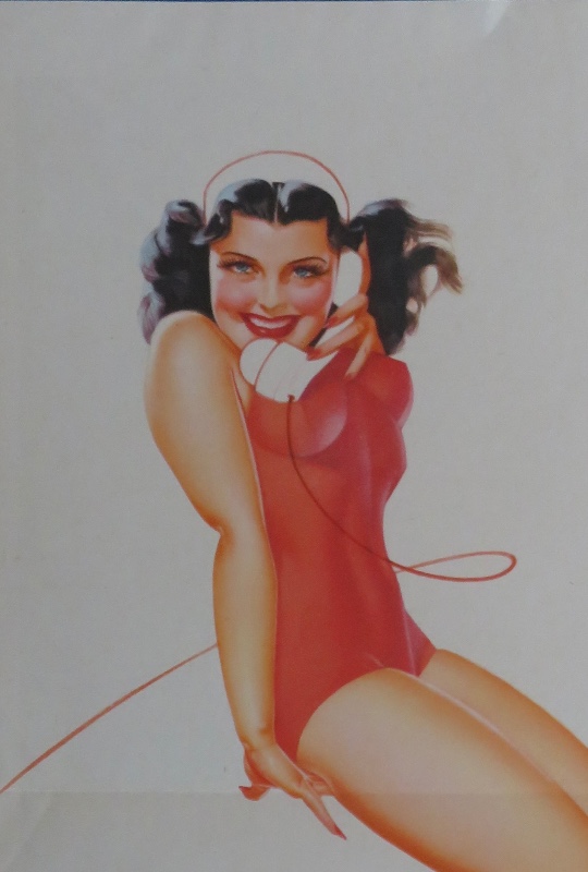 Original 1945 Sexy Pin Up Lovely Dark Haired Girl Wearing A Red Suit While Talking On Telephone By George Petty