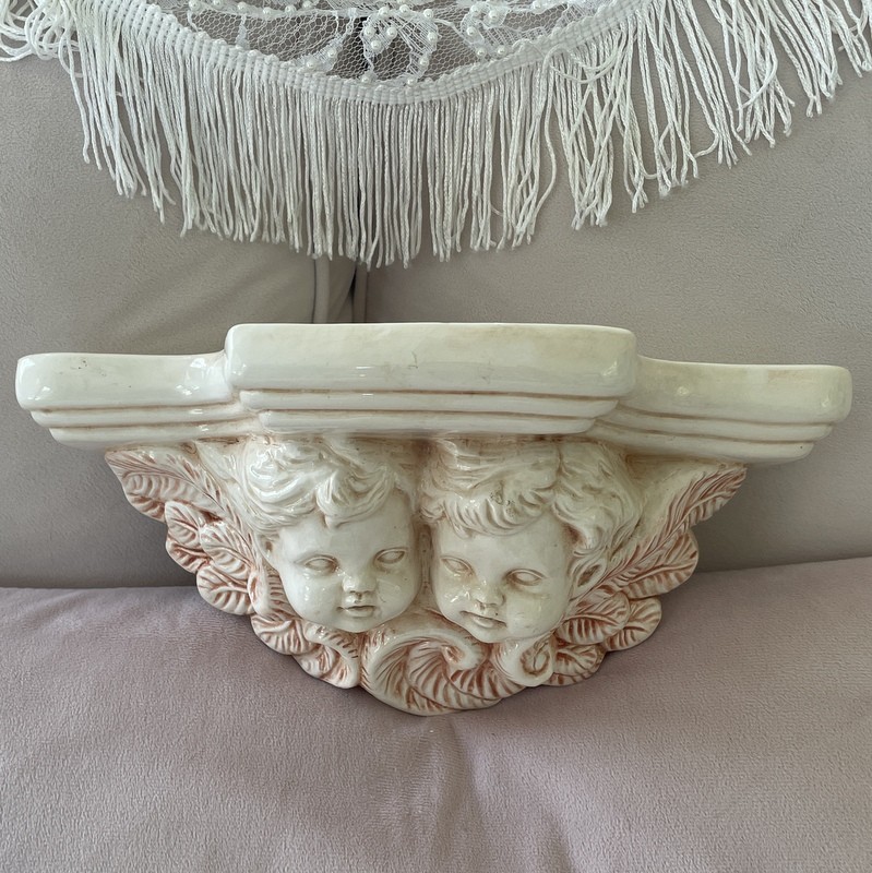 Vintage Pastel Pink Cherubs Wall Shelf, Shabby Chic Victorian Angels, Wall Sconce, Porcelain